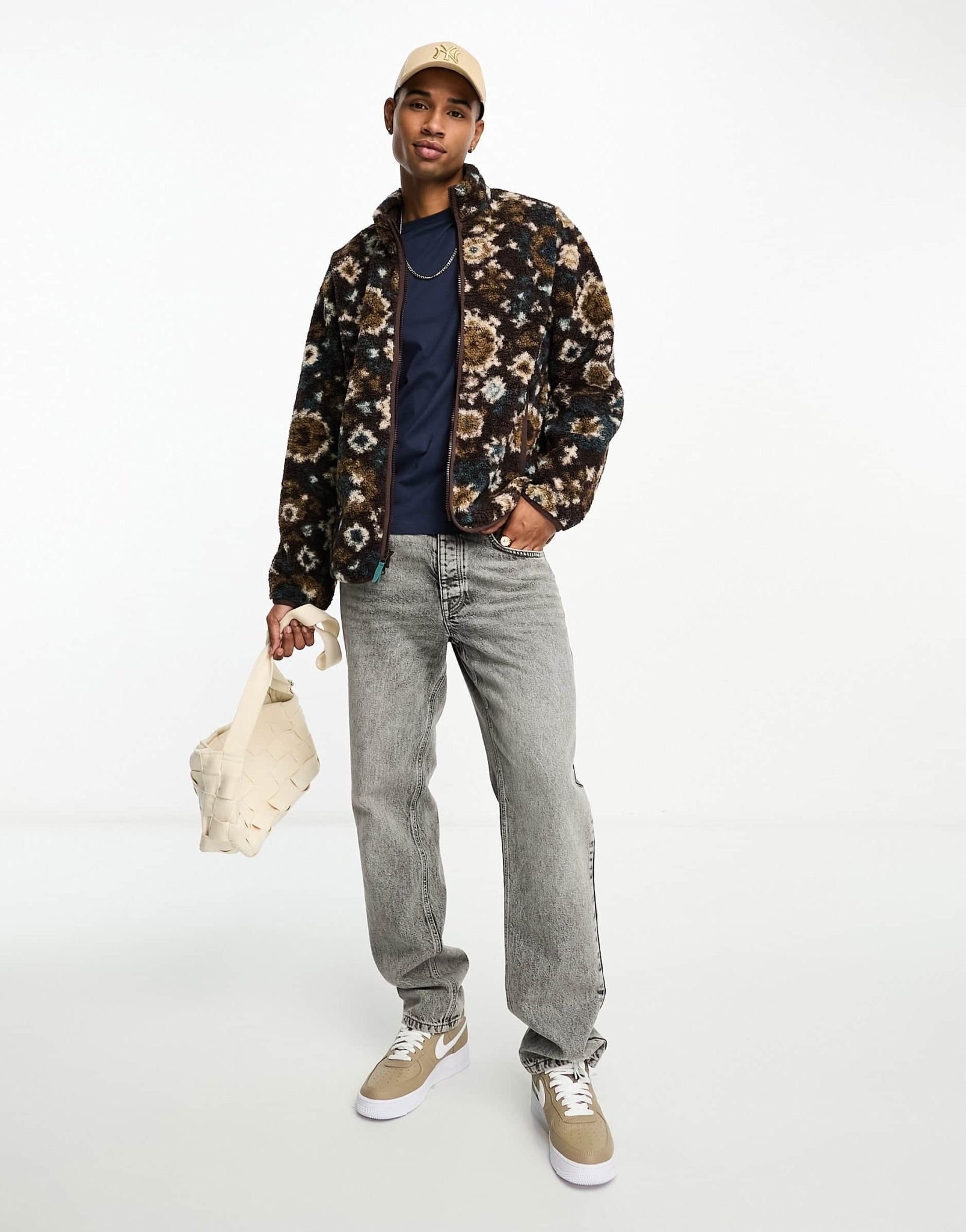 Abercrombie & Fitch tapestry print sherpa full zip jacket in brown - ASOS Sample Sale