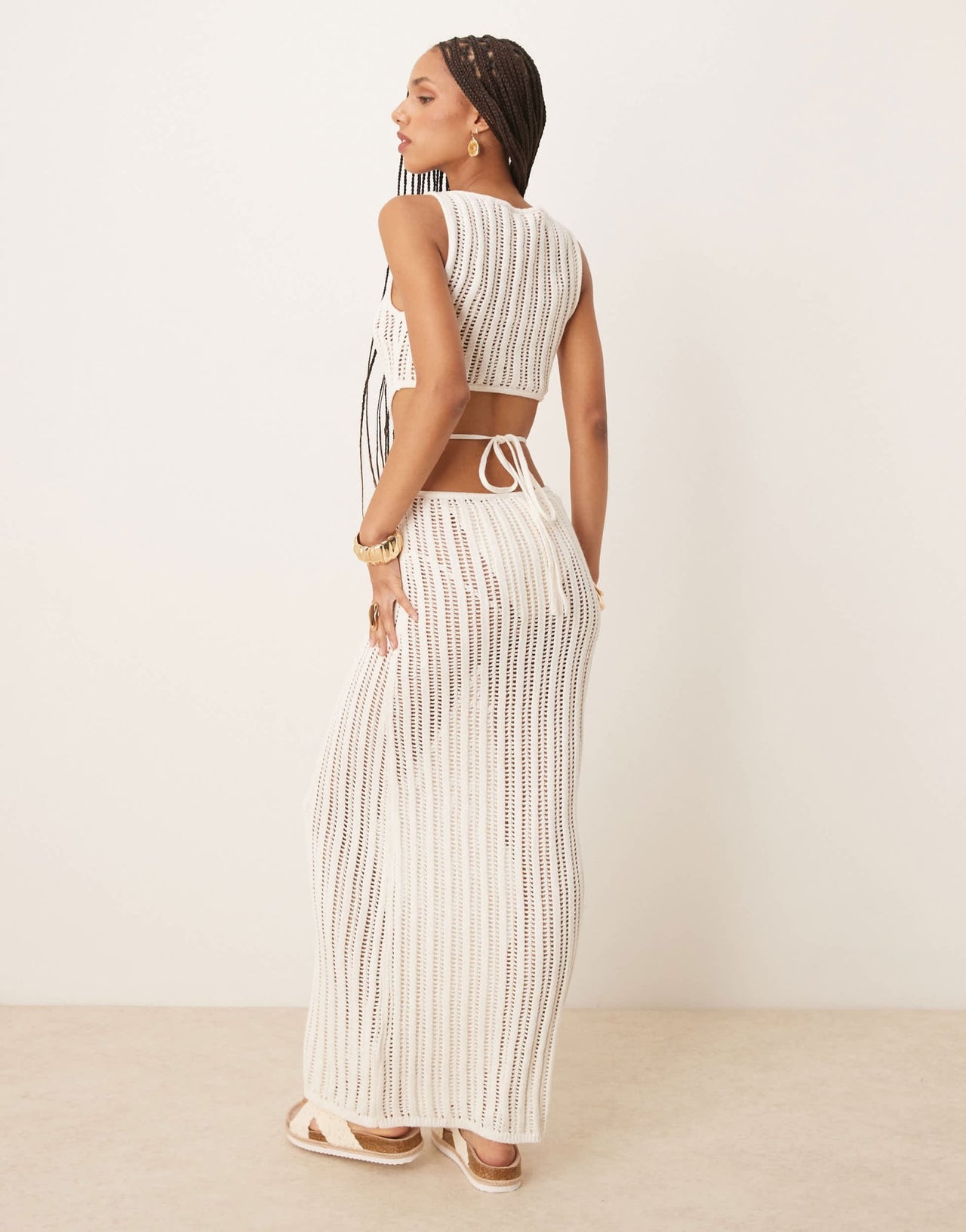 Abercrombie & Fitch textured slash neck cutout waist maxi dress in cream - ASOS Sample Sale