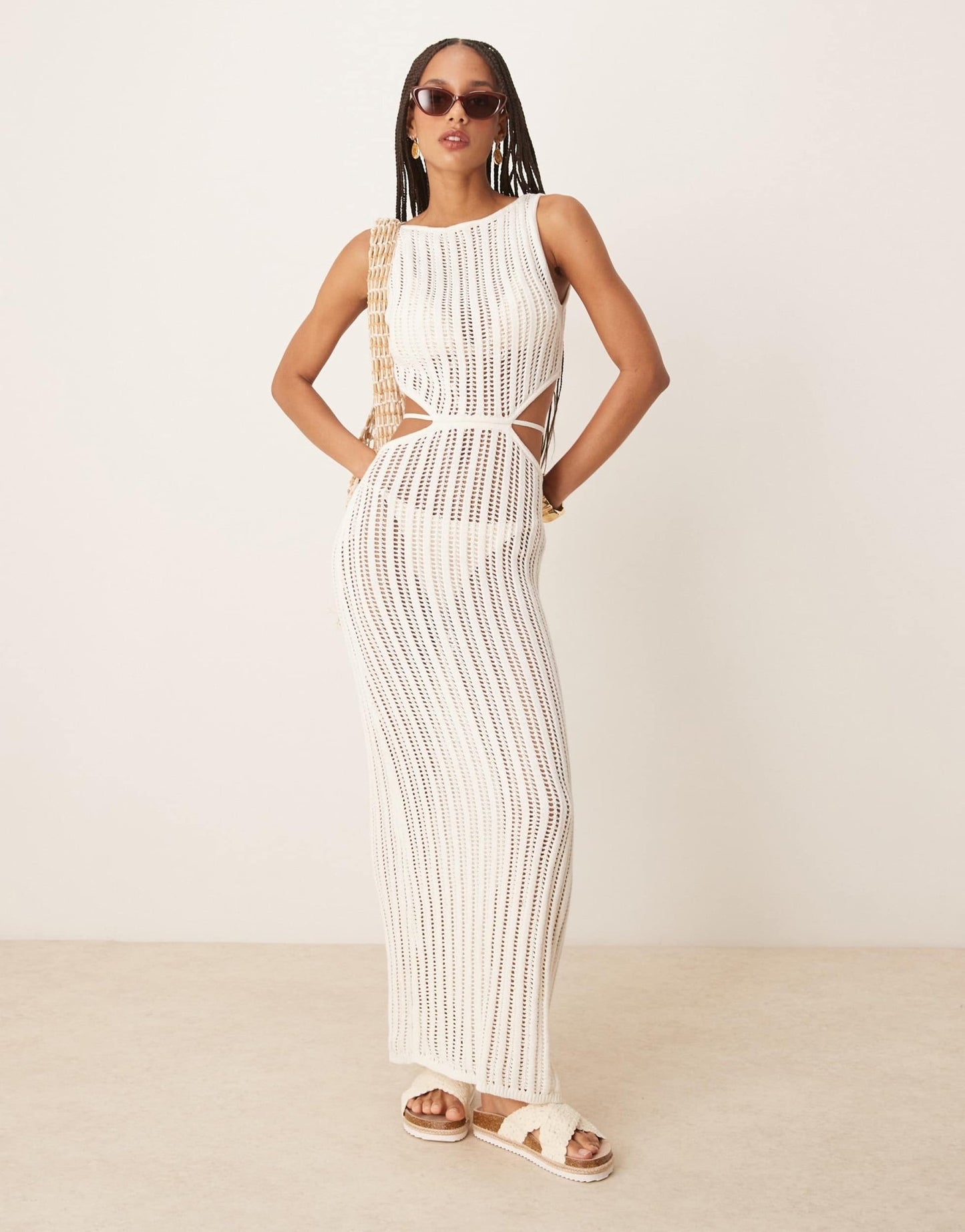 Abercrombie & Fitch textured slash neck cutout waist maxi dress in cream - ASOS Sample Sale