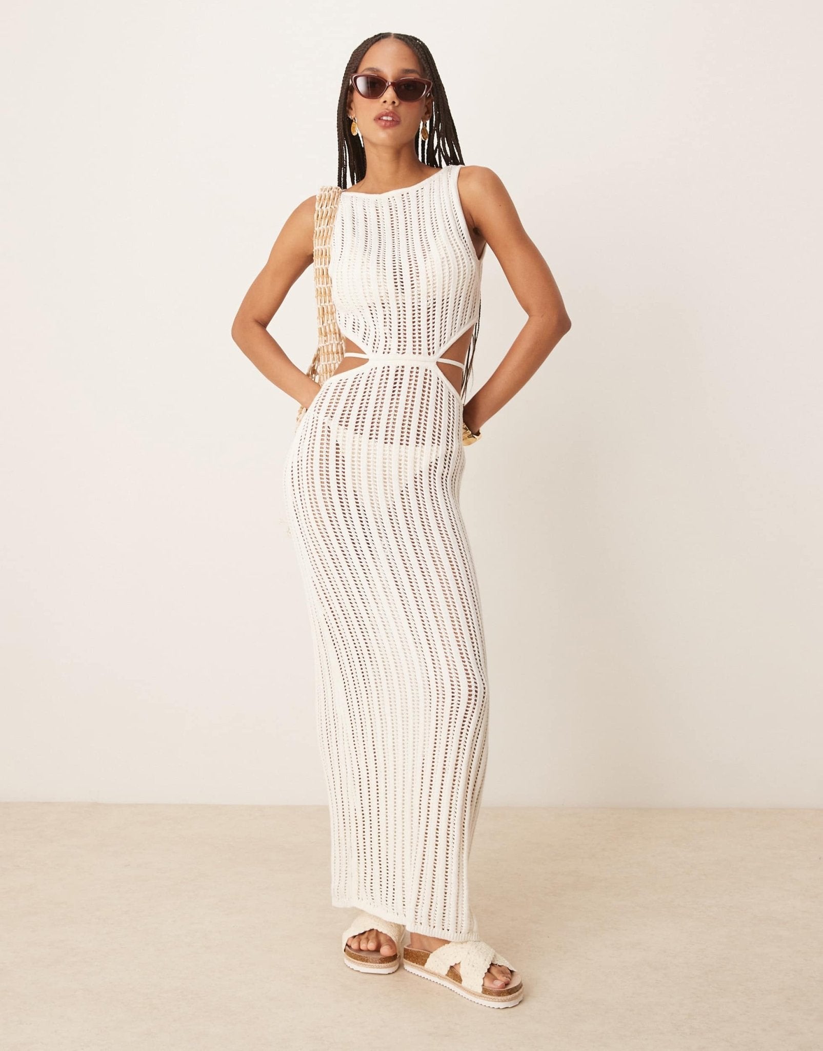 Abercrombie & Fitch textured slash neck cutout waist maxi dress in cream - ASOS Sample Sale