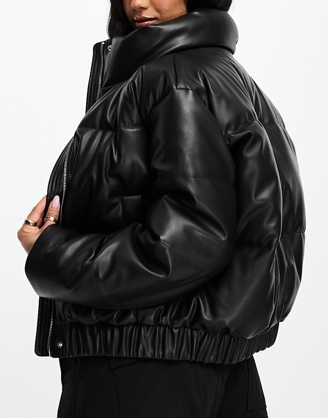 Abercrombie & Fitch ultra mini faux leather puffer jacket in black - ASOS Sample Sale
