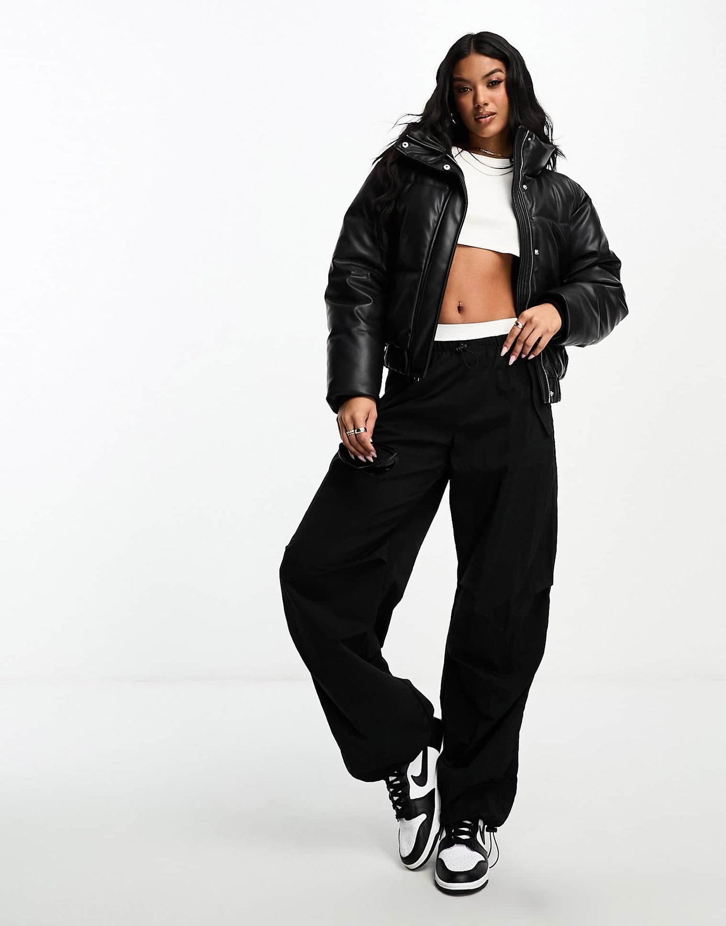Abercrombie & Fitch ultra mini faux leather puffer jacket in black - ASOS Sample Sale