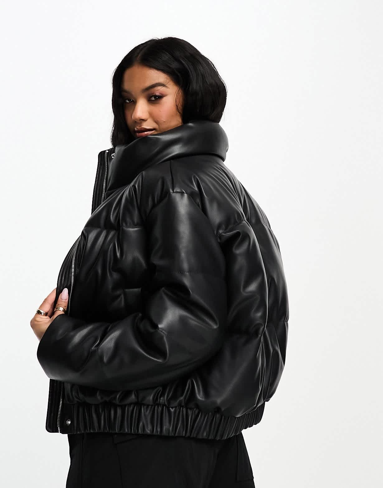 Abercrombie & Fitch ultra mini faux leather puffer jacket in black - ASOS Sample Sale