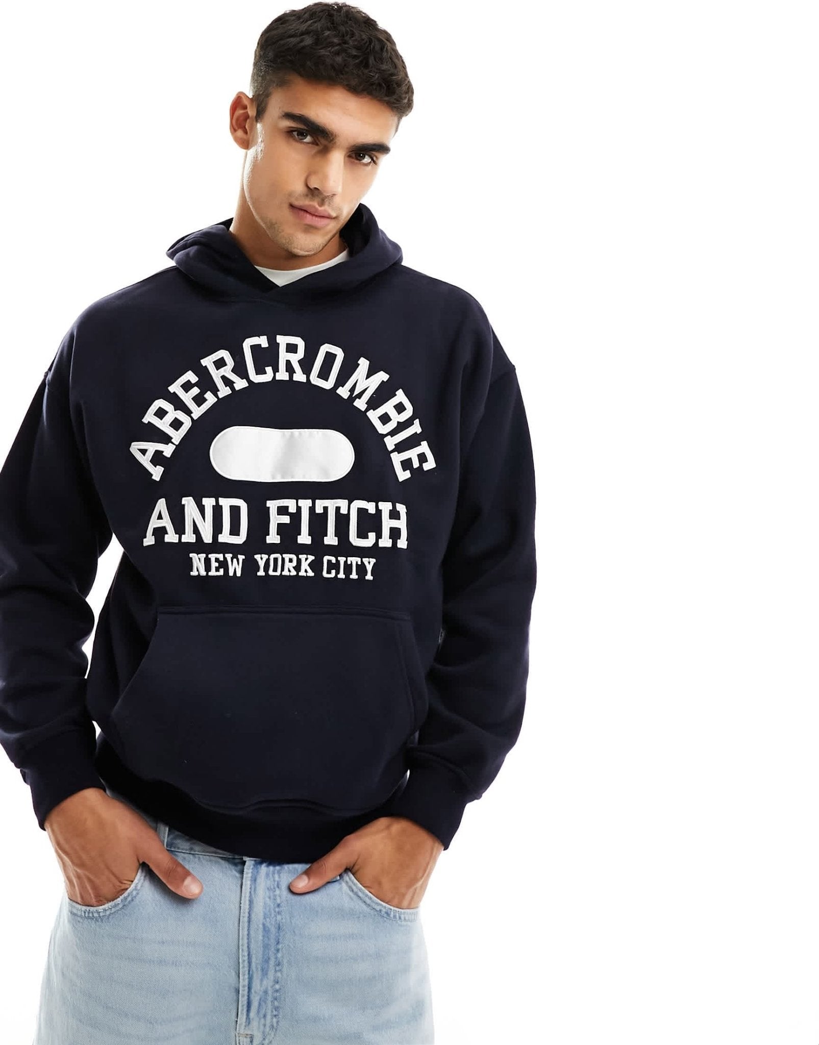 Abercrombie & Fitch varsity logo oversized hoodie in navy - ASOS Sample Sale