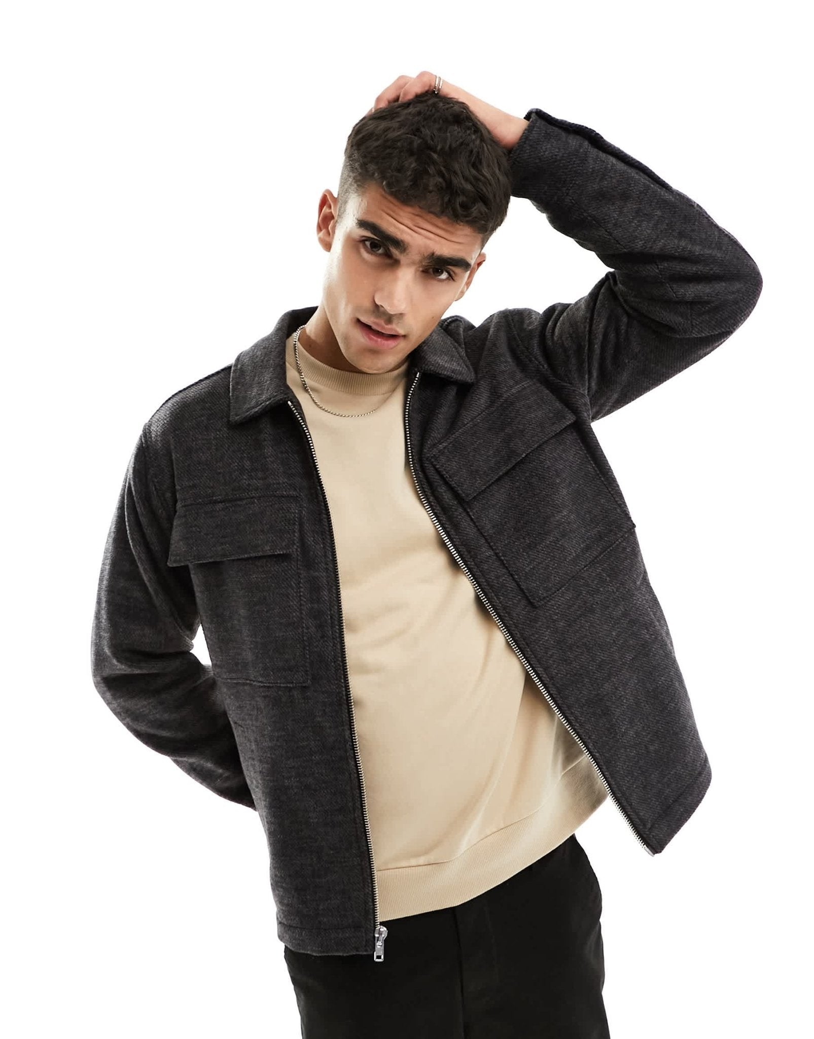 Abercrombie & Fitch wool zip front shirt jacket in black - ASOS Sample Sale