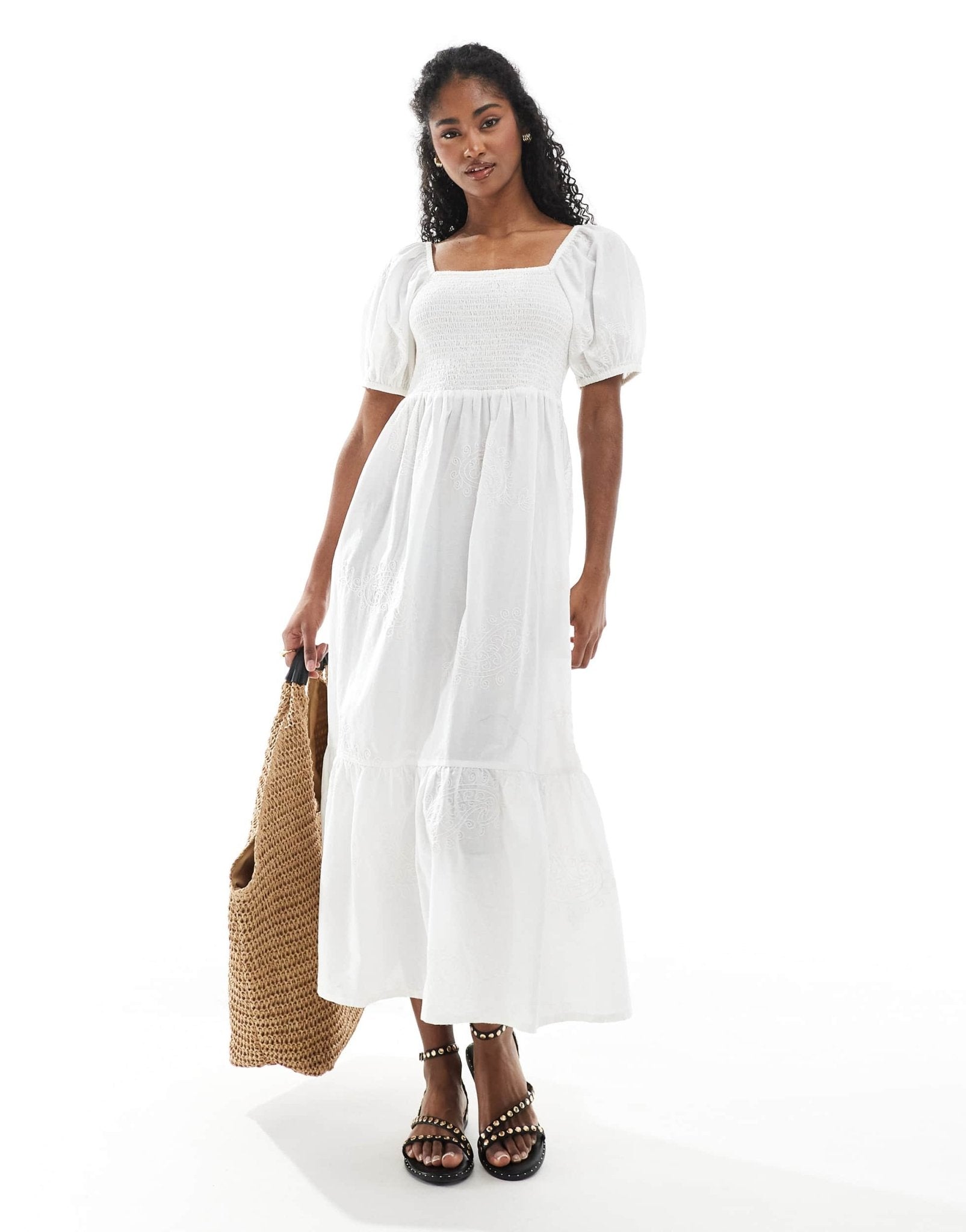 Accesorize puff sleeve shirred dress in white with embroidry detail - ASOS Sample Sale