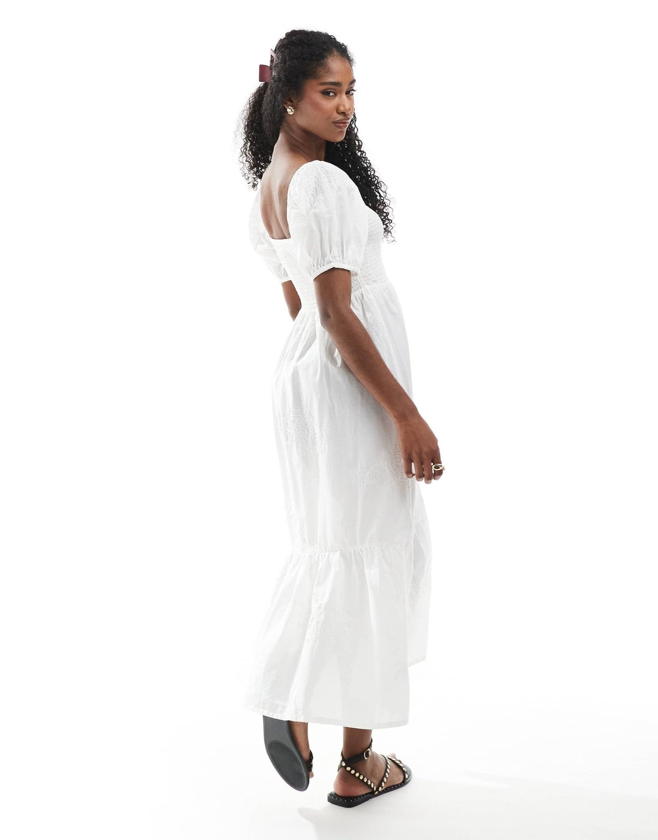 Accesorize puff sleeve shirred dress in white with embroidry detail - ASOS Sample Sale