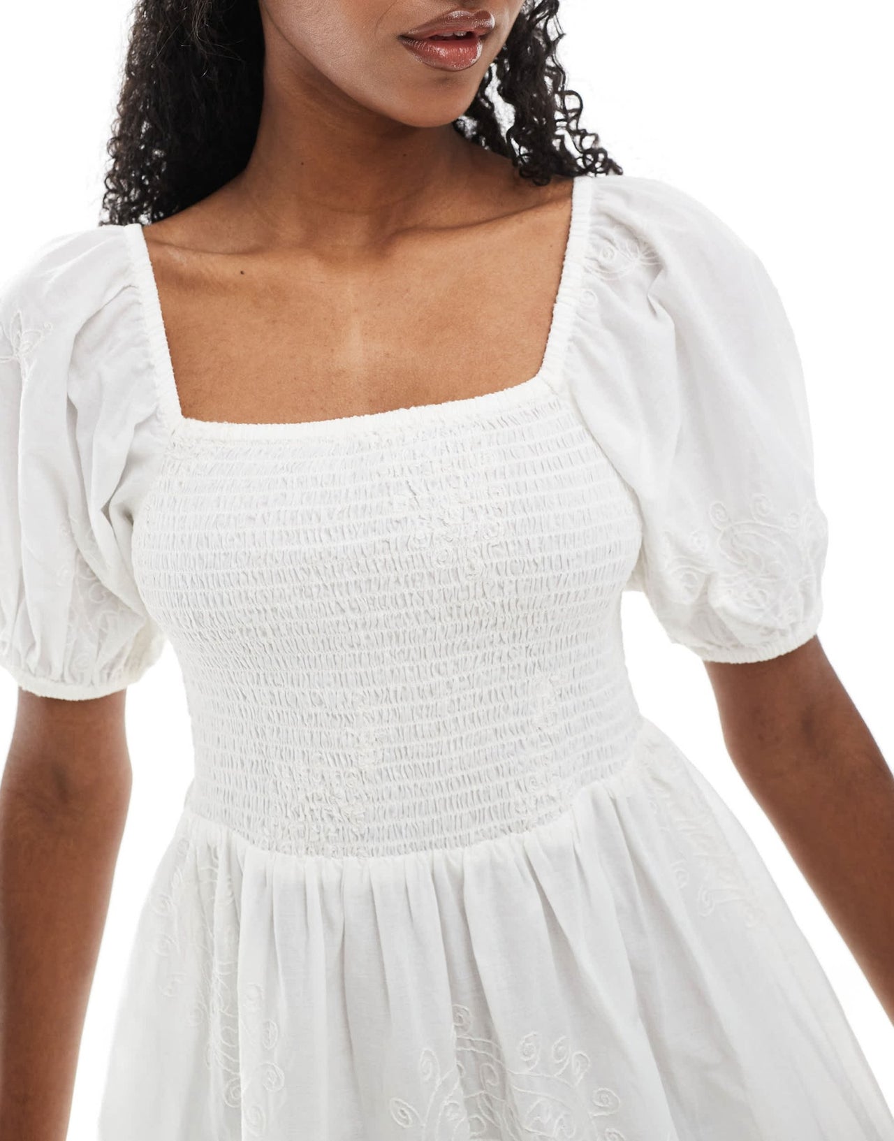Accesorize puff sleeve shirred dress in white with embroidry detail - ASOS Sample Sale