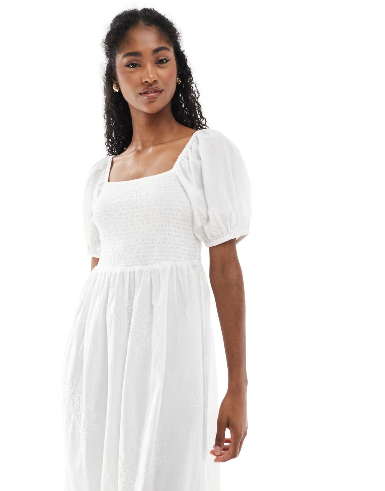 Accesorize puff sleeve shirred dress in white with embroidry detail - ASOS Sample Sale