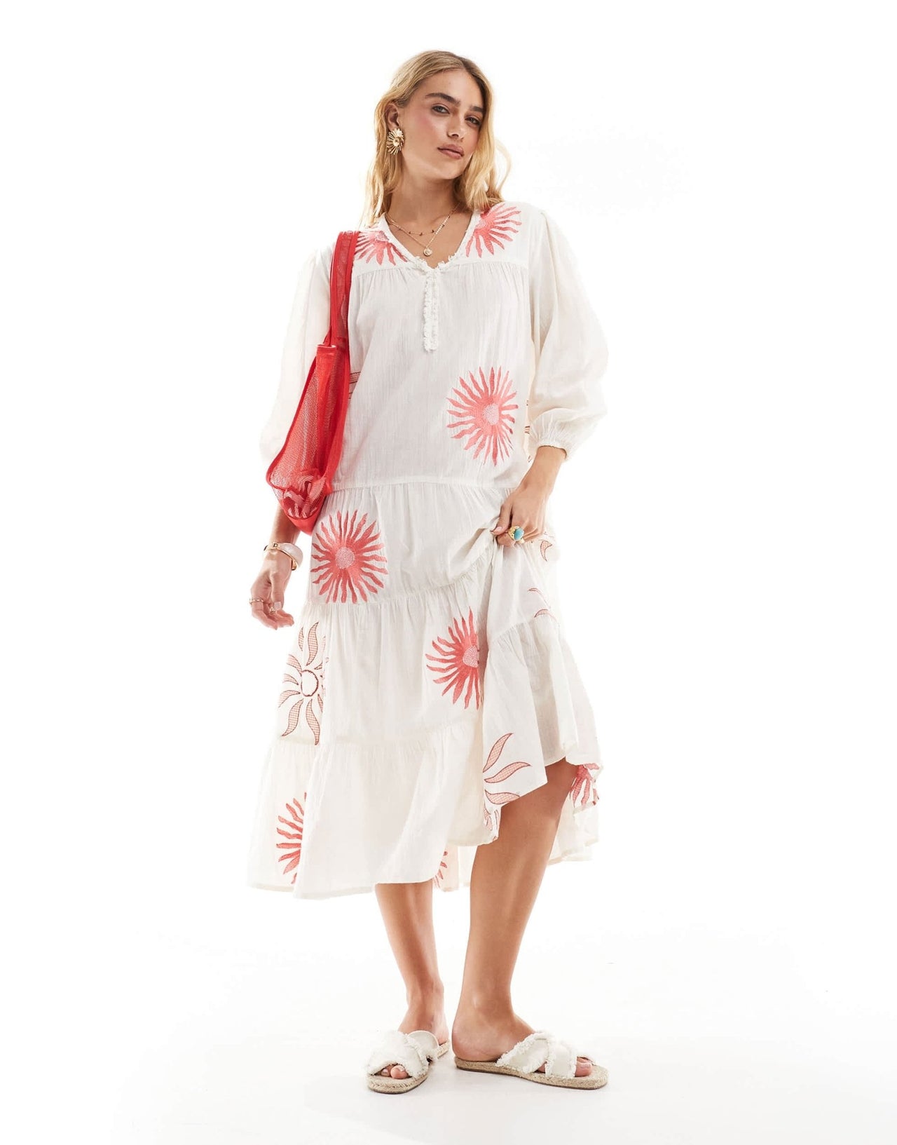 Accessorize puff sleeve midi beach dress in summer sun print - ASOS Sample Sale