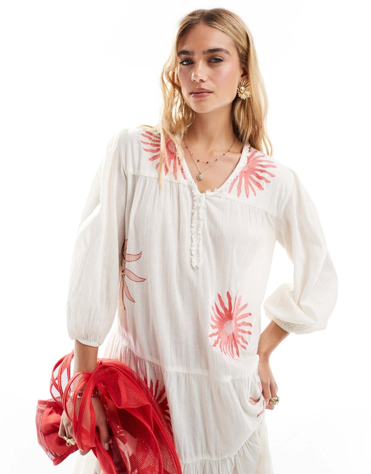 Accessorize puff sleeve midi beach dress in summer sun print - ASOS Sample Sale