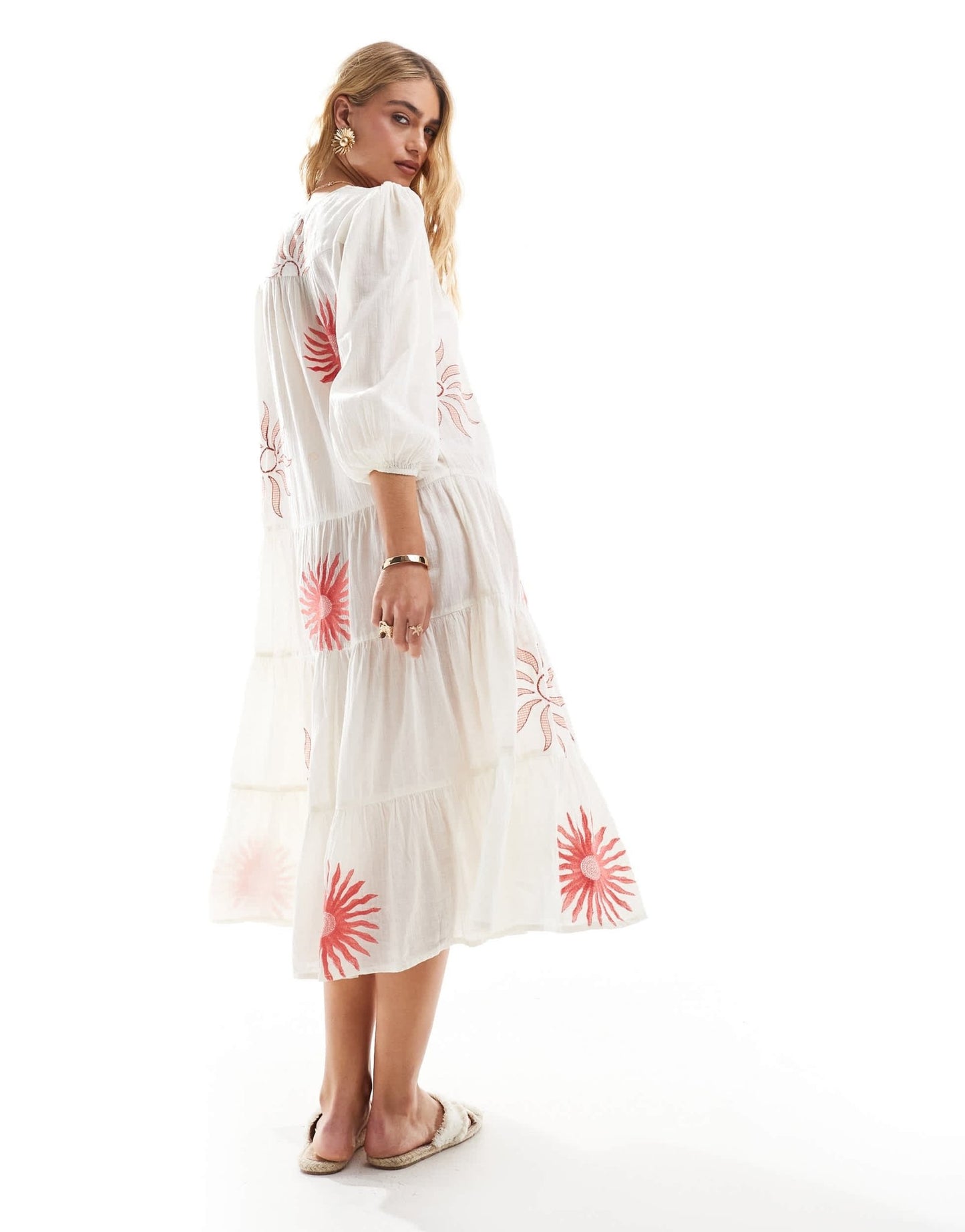Accessorize puff sleeve midi beach dress in summer sun print - ASOS Sample Sale