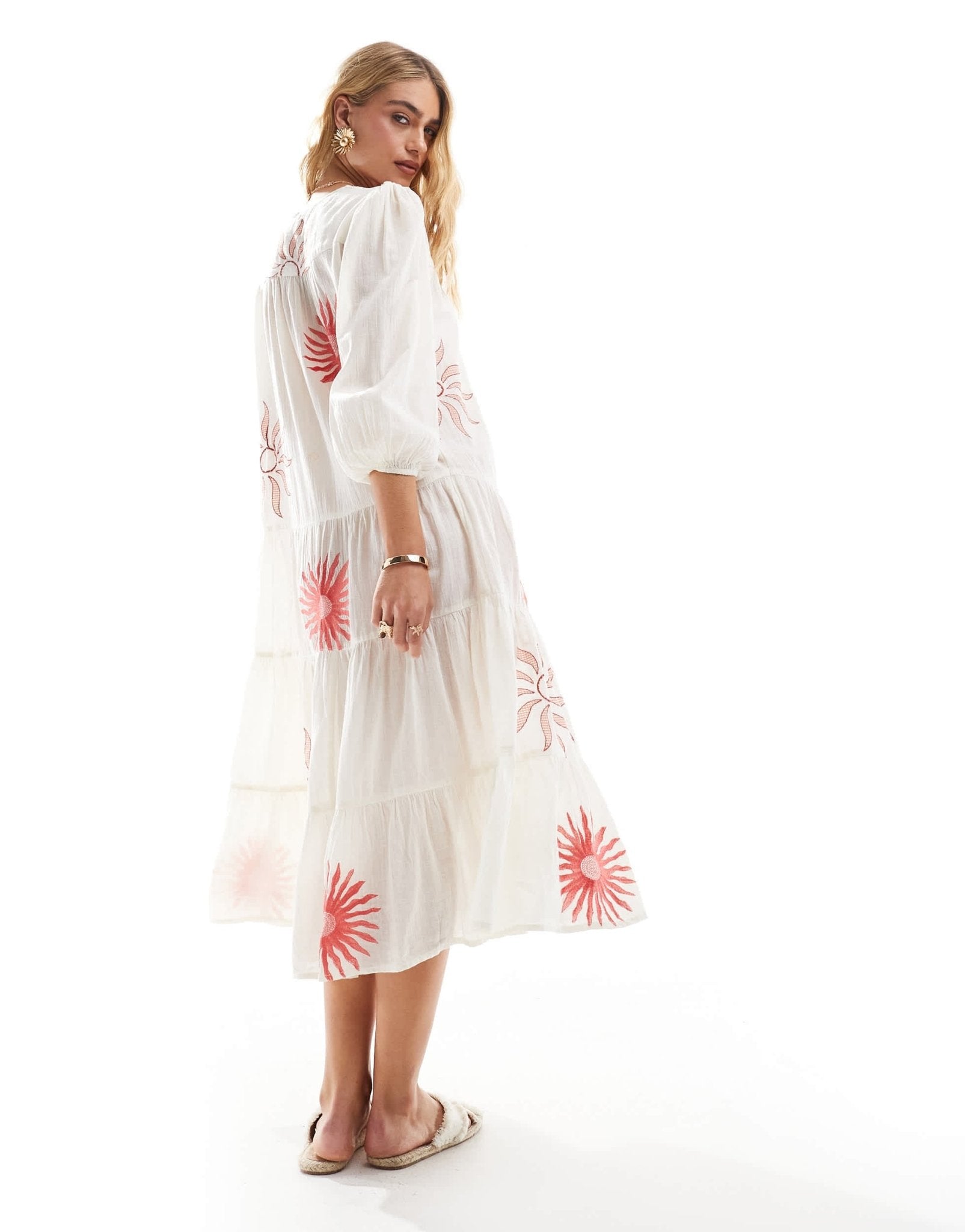 Accessorize puff sleeve midi beach dress in summer sun print - ASOS Sample Sale