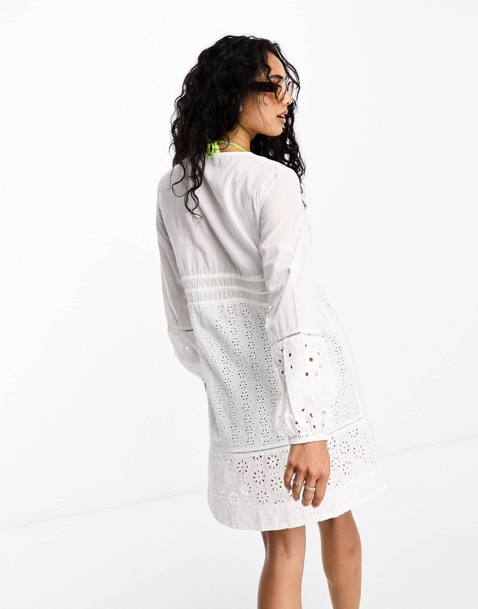 Accessorize tie front broidery long sleeve cover up beach dress in white - ASOS Sample Sale