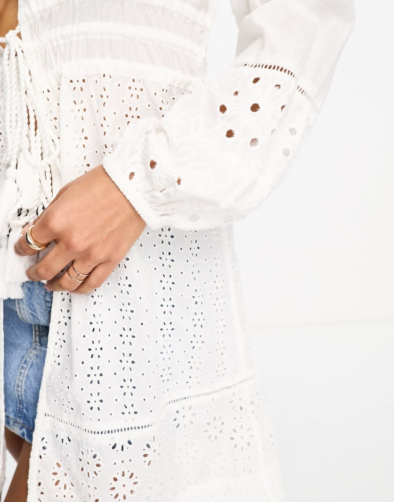 Accessorize tie front broidery long sleeve cover up beach dress in white - ASOS Sample Sale