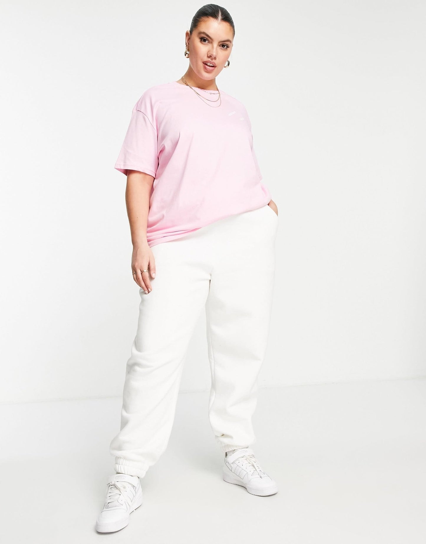 addias Originals Plus 'Logomania' triple logo t-shirt in pink - ASOS Sample Sale