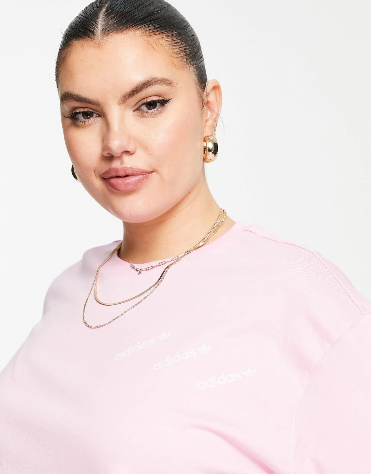 addias Originals Plus 'Logomania' triple logo t-shirt in pink - ASOS Sample Sale