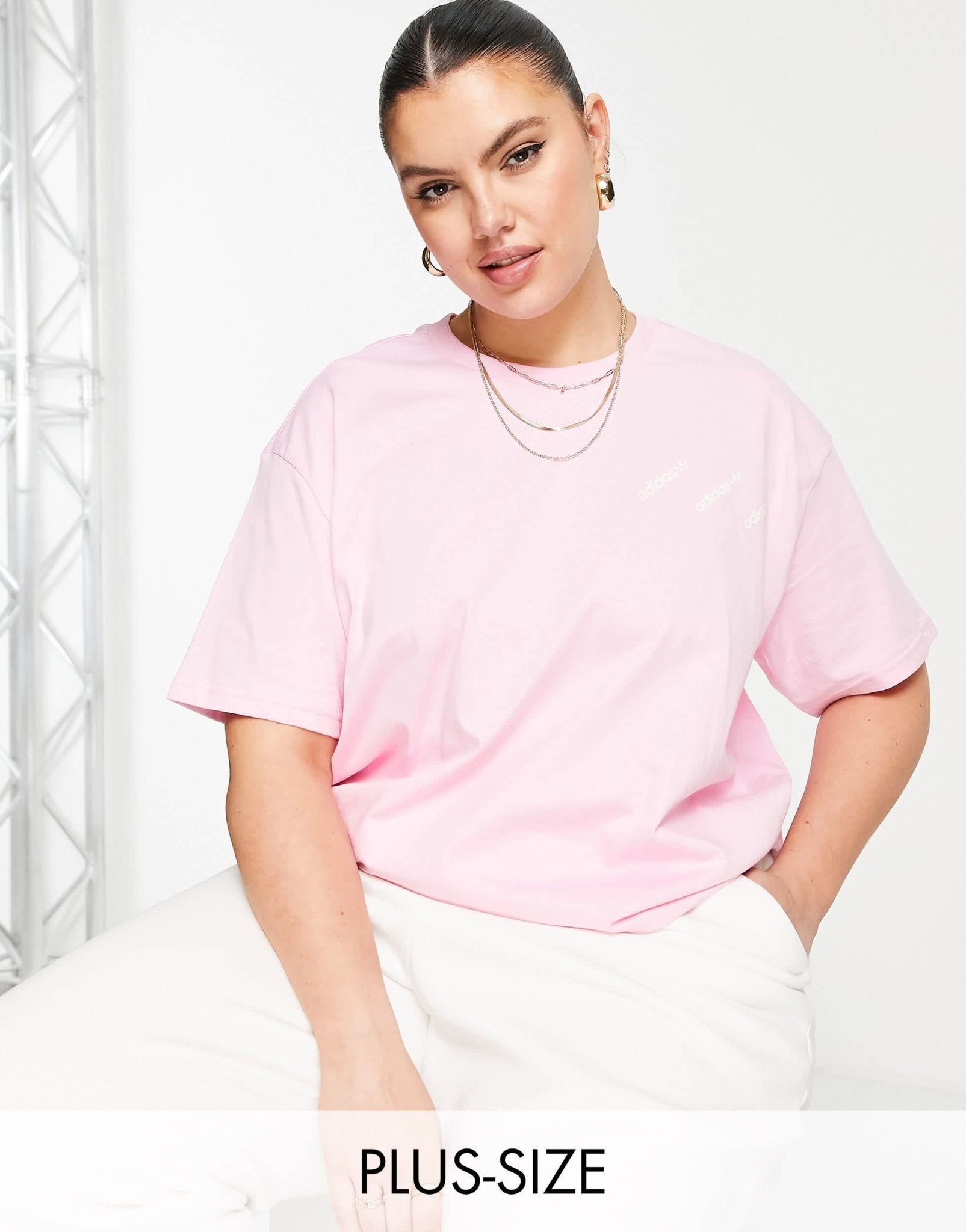 addias Originals Plus 'Logomania' triple logo t-shirt in pink - ASOS Sample Sale