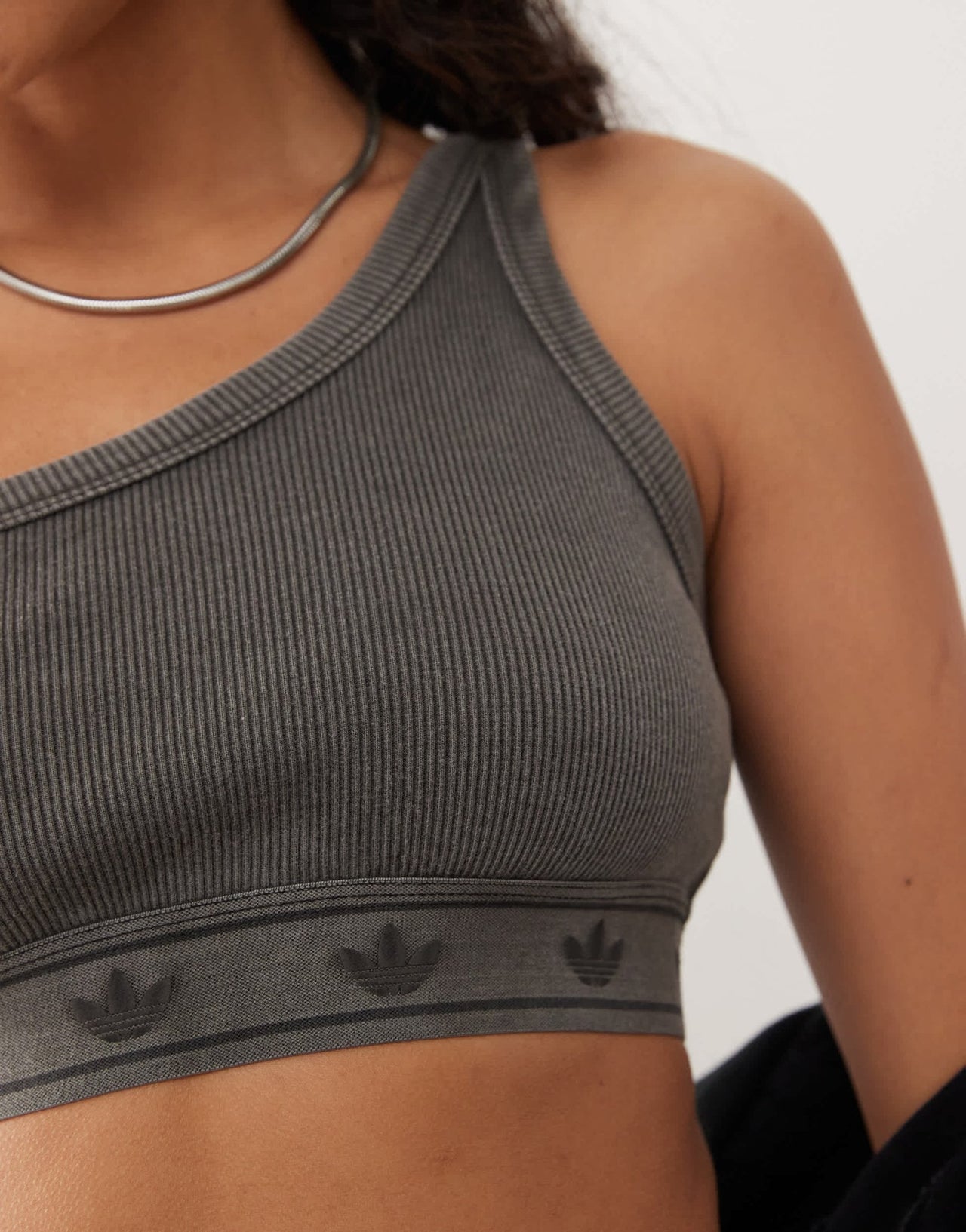 adidas Originals asymmetric bra in washed black rib - ASOS Sample Sale