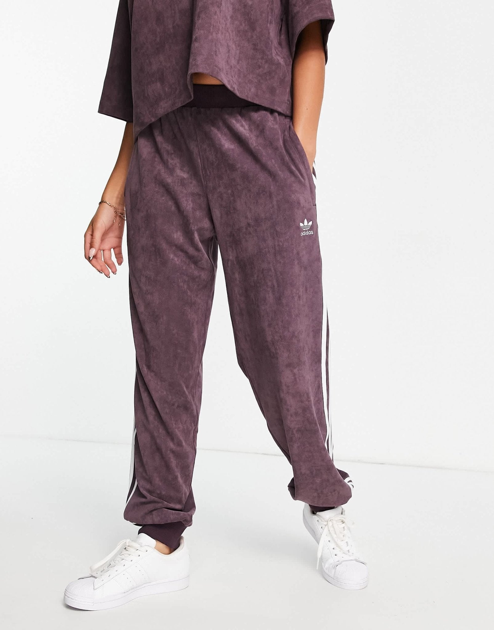 adidas Originals faux suede joggers in maroon - ASOS Sample Sale