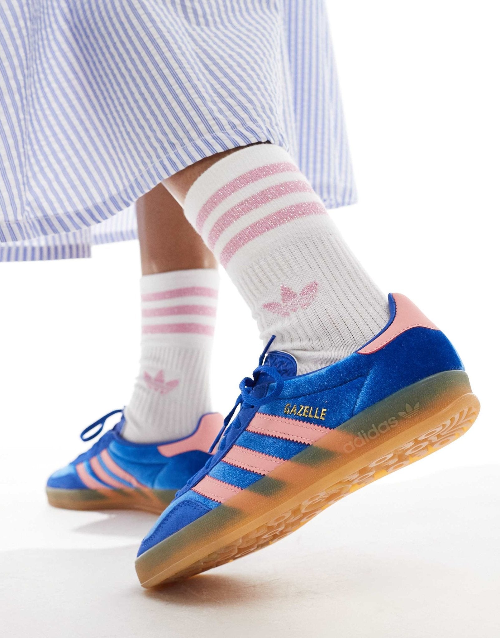 adidas Originals Gazelle Indoor trainers in blue and pink velvet - ASOS Sample Sale