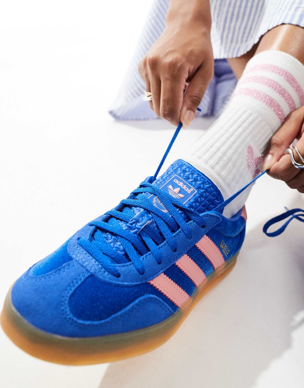 adidas Originals Gazelle Indoor trainers in blue and pink velvet - ASOS Sample Sale