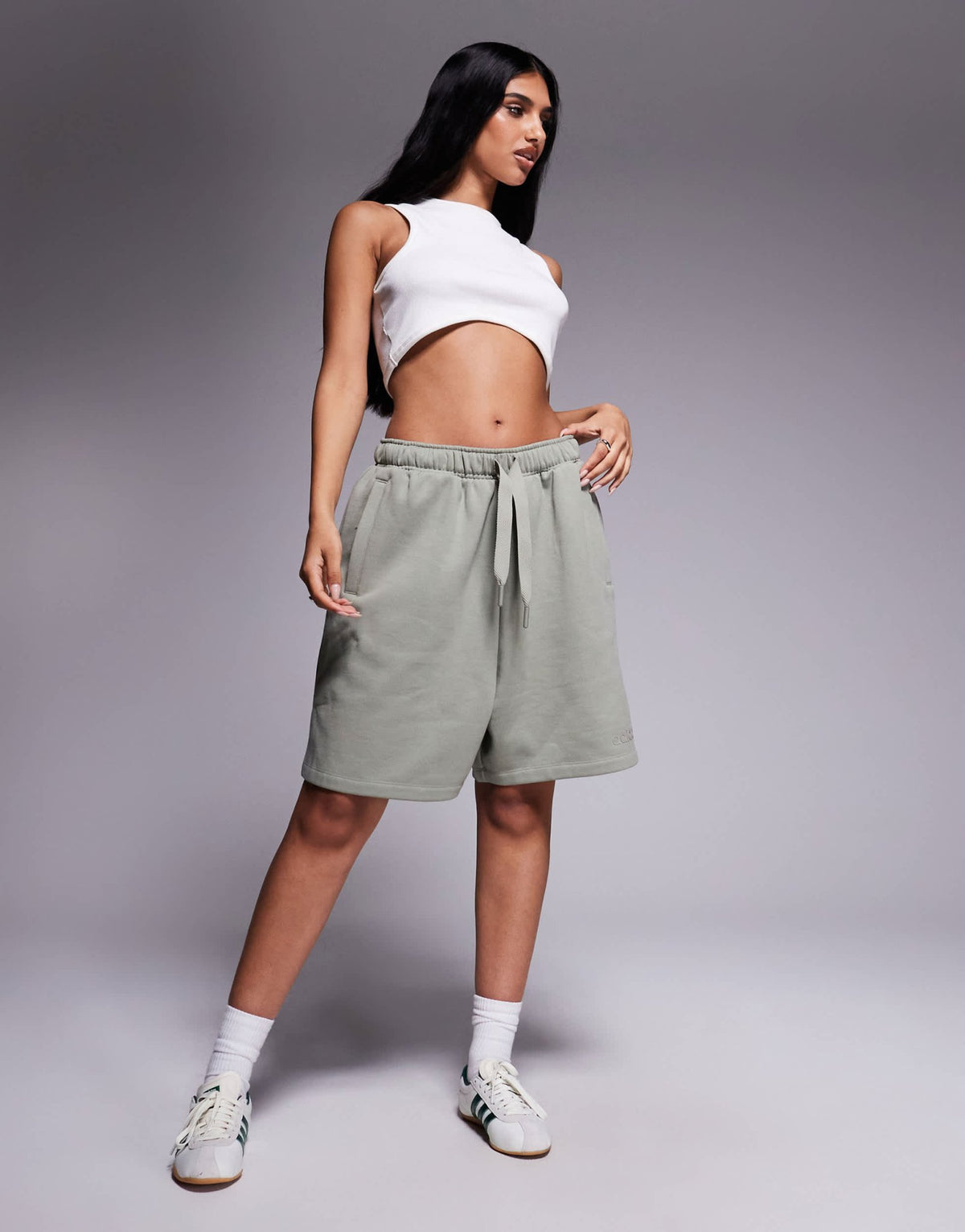 adidas Originals linear logo sweat shorts in khaki - ASOS Sample Sale