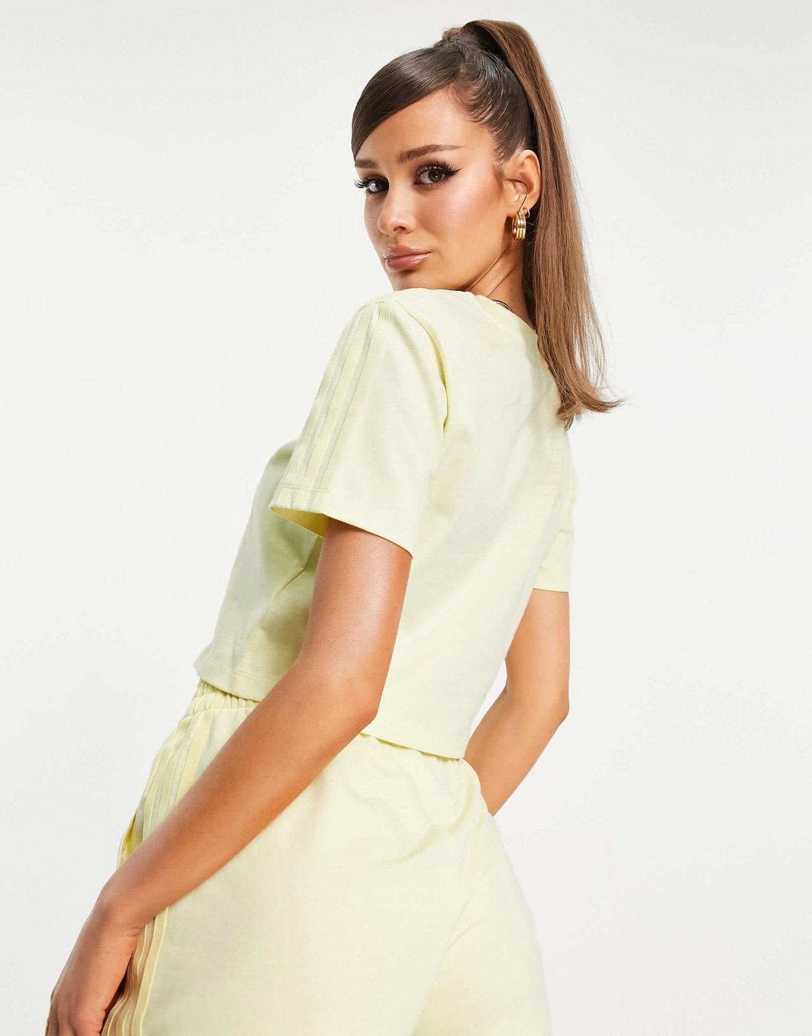 adidas Originals 'Tennis Luxe' logo cropped three stripe t-shirt in hazy yellow - ASOS Sample Sale