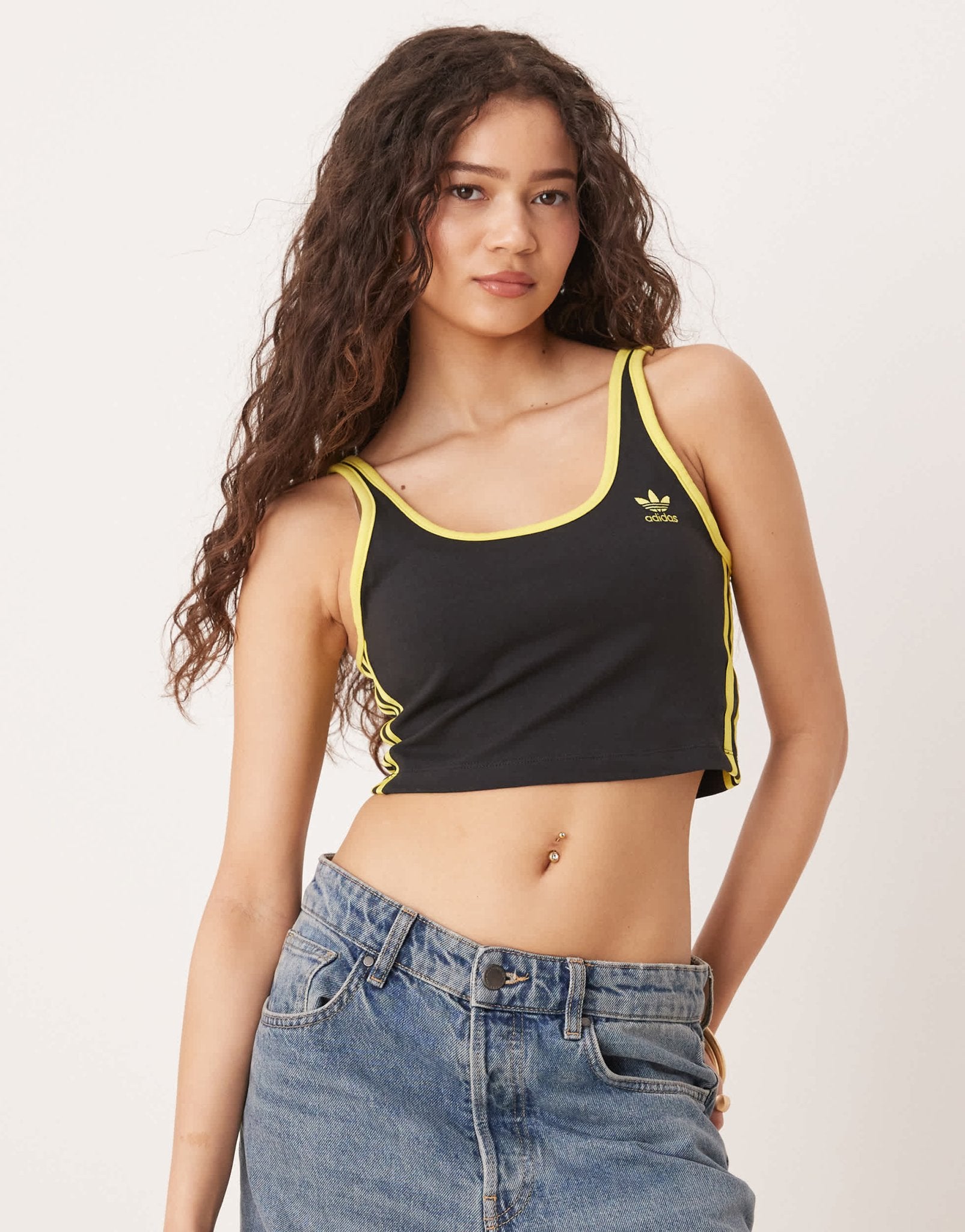 adidas Originals three stripe cropped vest in black and yellow - ASOS Sample Sale