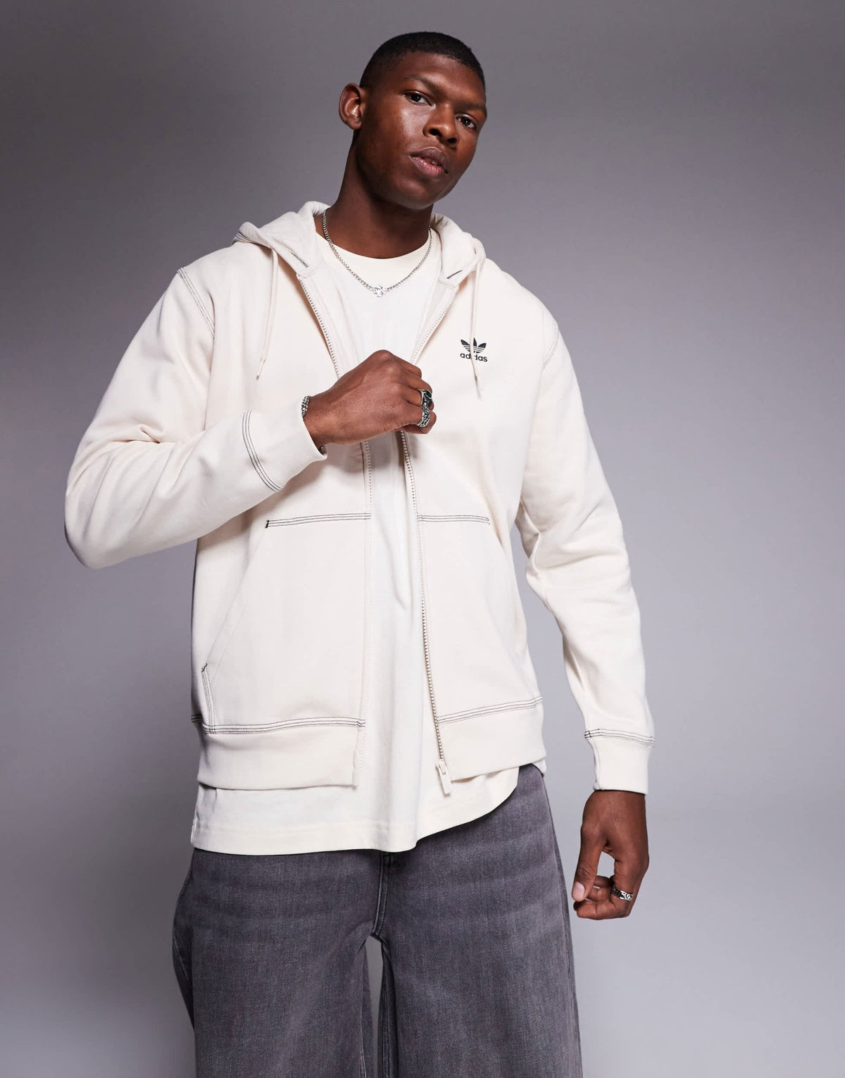 adidas Originals Trefoil Essentials zip through hoodie in cream with contrast stitch detail - ASOS Sample Sale