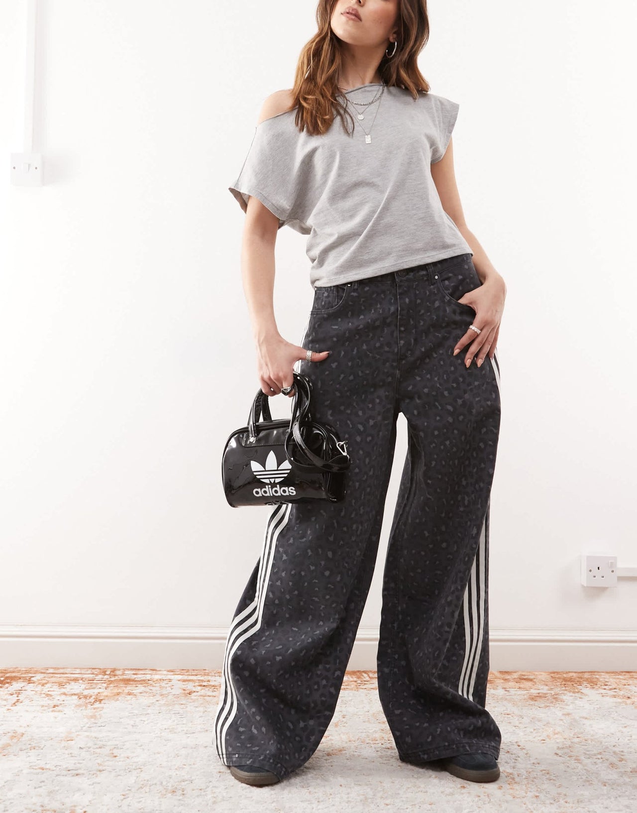 adidas Originals wide leg denim jeans in black leopard print - ASOS Sample Sale