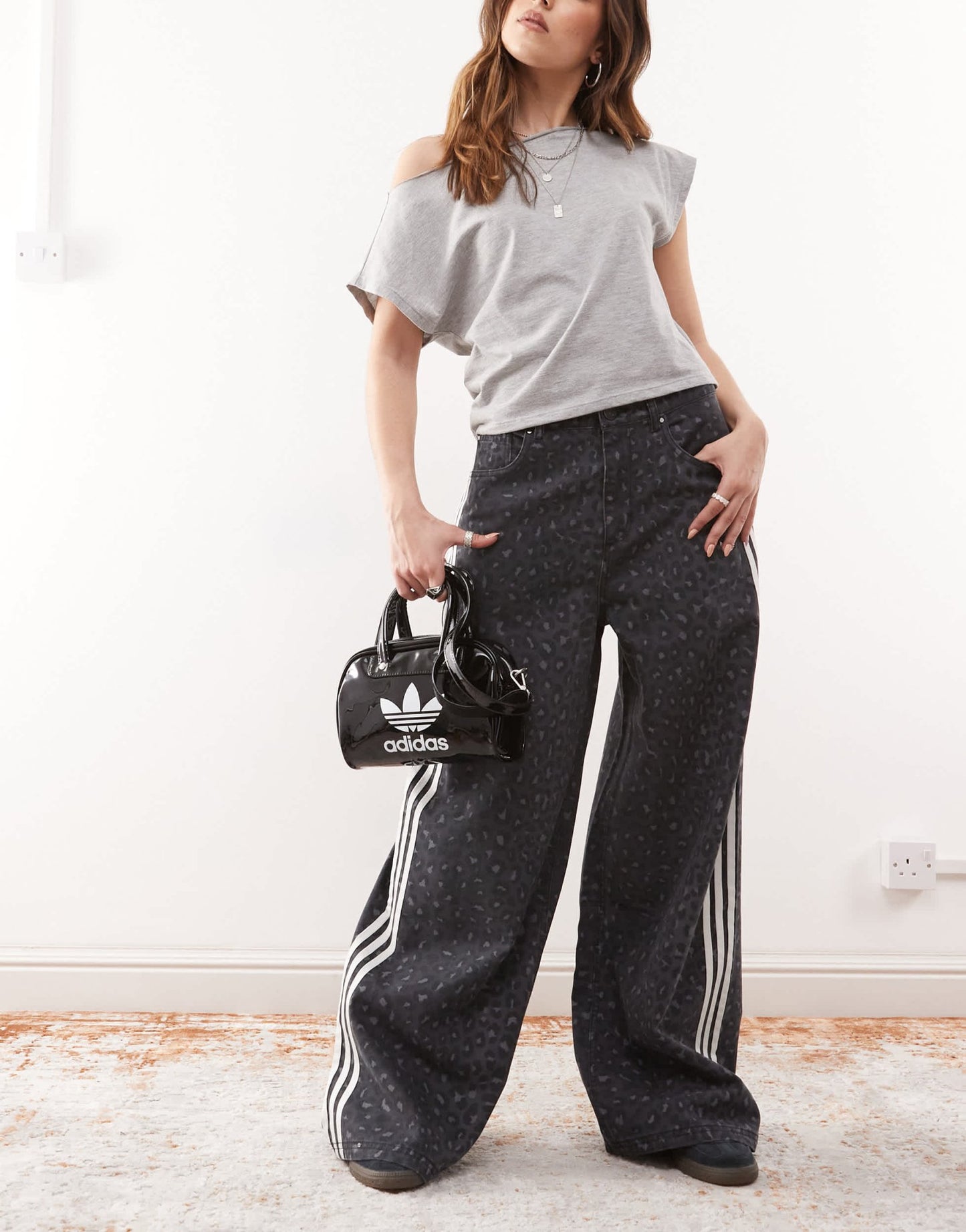 adidas Originals wide leg denim jeans in black leopard print - ASOS Sample Sale