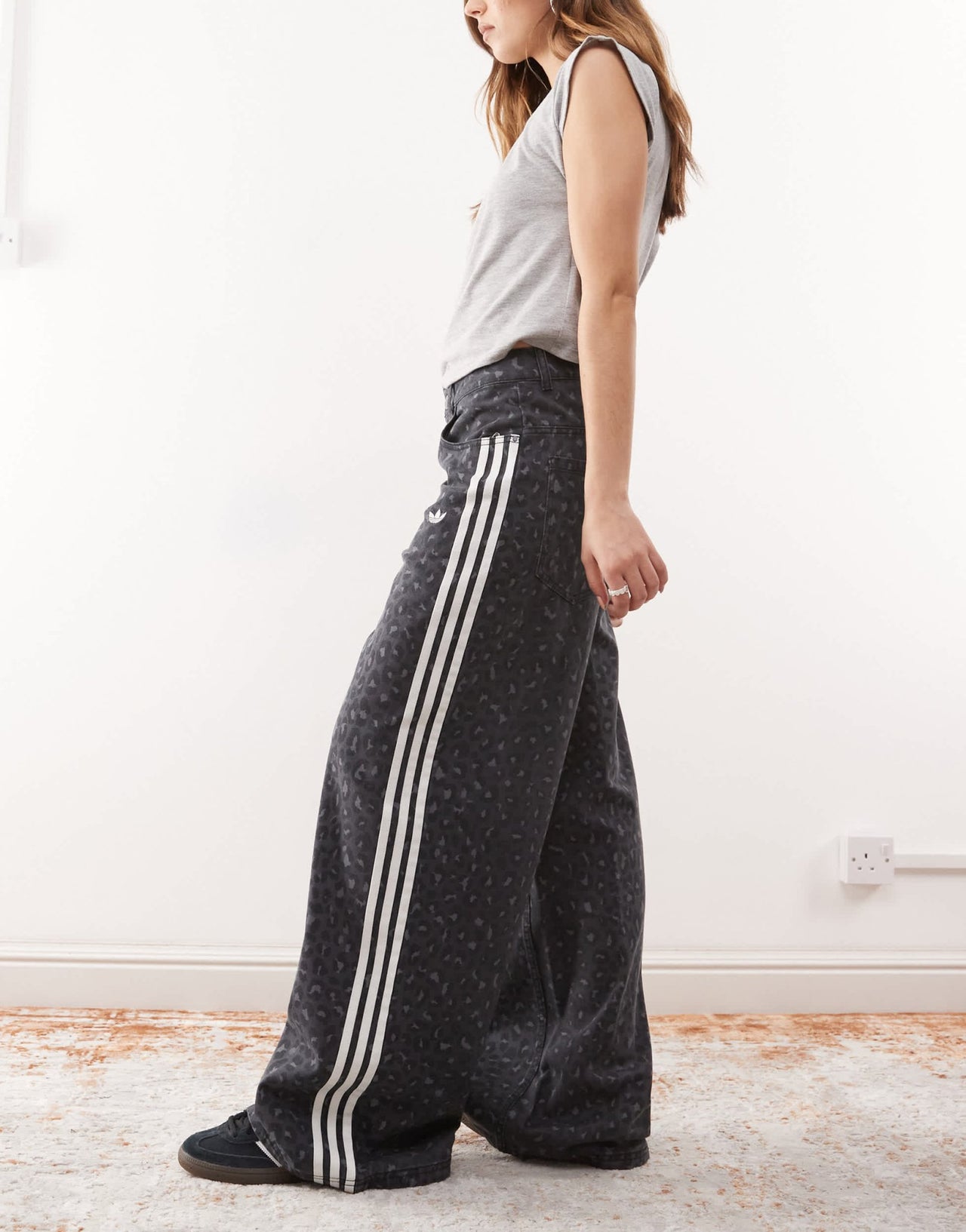 adidas Originals wide leg denim jeans in black leopard print - ASOS Sample Sale