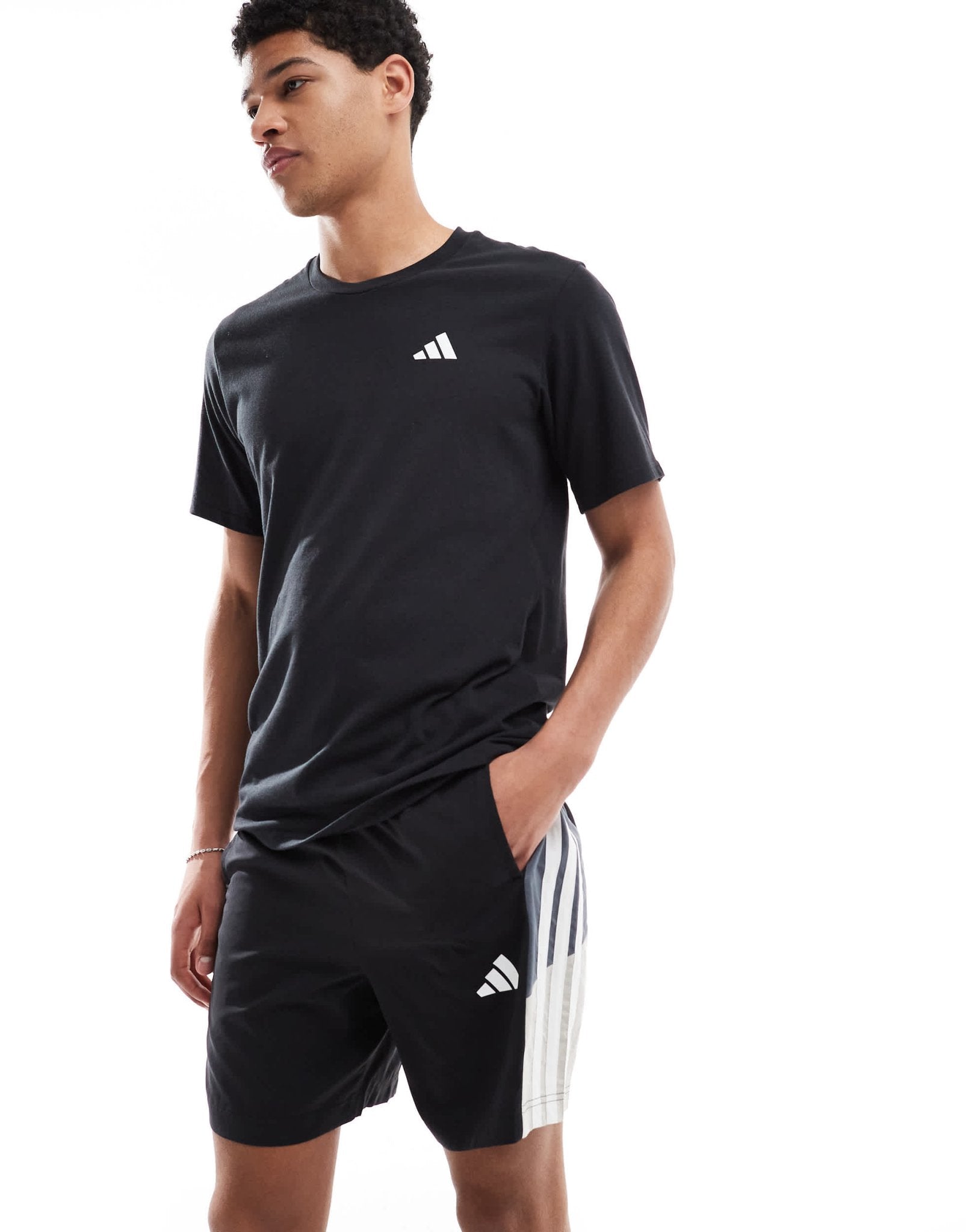 adidas Training Essentials 3 stripe shorts in black and grey block - ASOS Sample Sale