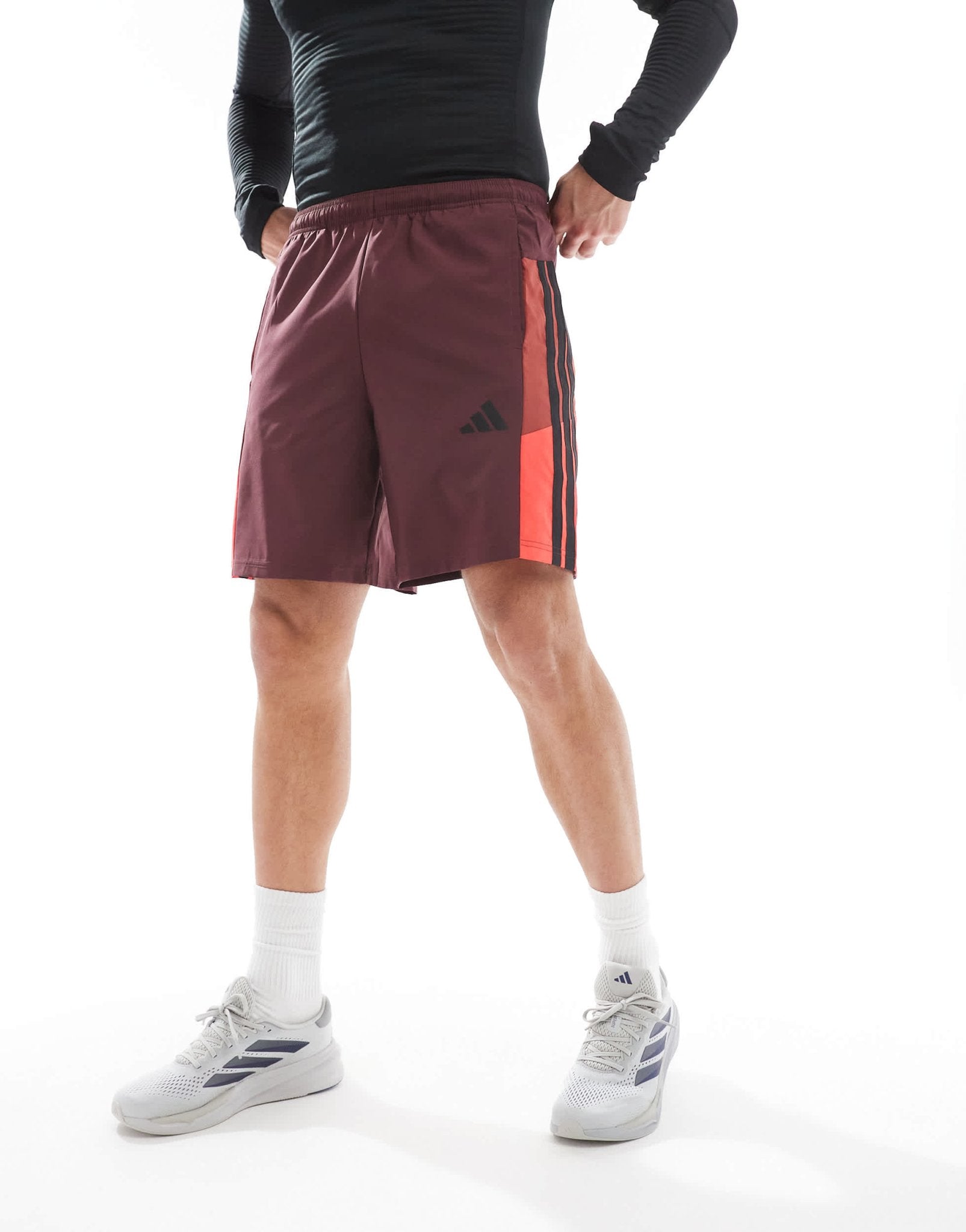 adidas Training Essentials shorts with 3 stripe in burgundy - ASOS Sample Sale