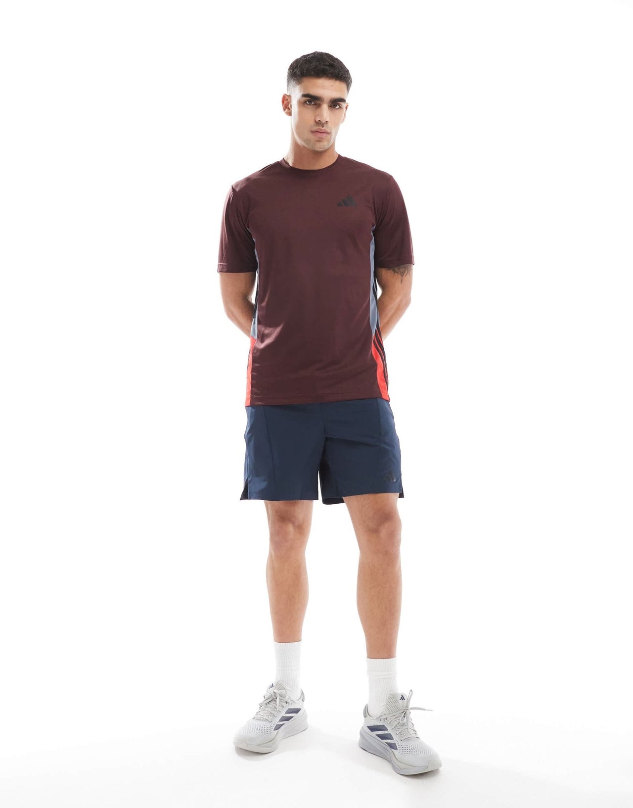 adidas Training Essentials t-shirt with 3 stripe in burgundy - ASOS Sample Sale
