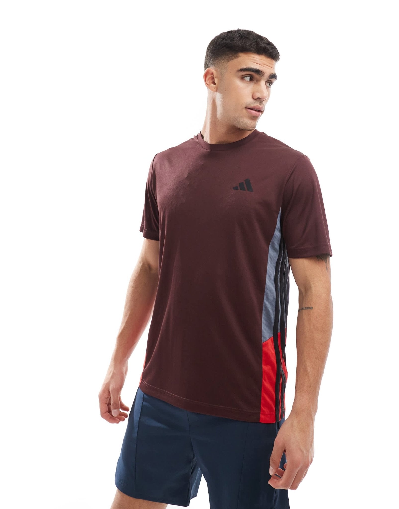 adidas Training Essentials t-shirt with 3 stripe in burgundy - ASOS Sample Sale