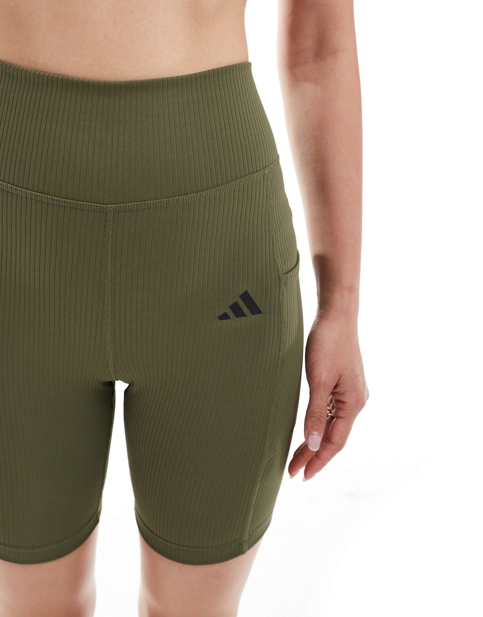 adidas Training Optime ribbed legging short with phone pocket in olive green - ASOS Sample Sale