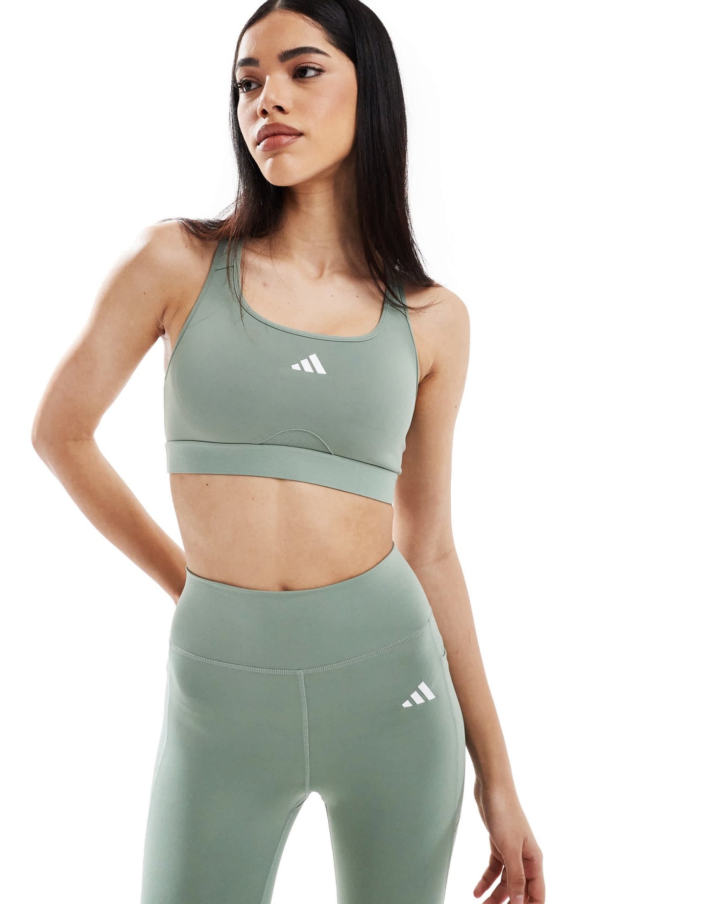 adidas Training Power React mid support sports bra in silver green - ASOS Sample Sale