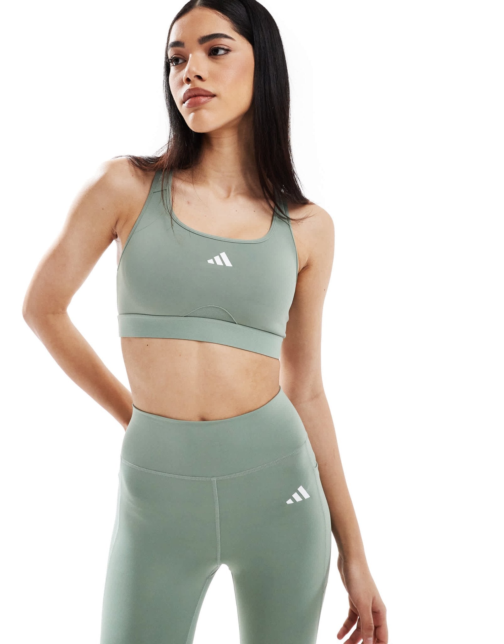 adidas Training Power React mid support sports bra in silver green - ASOS Sample Sale