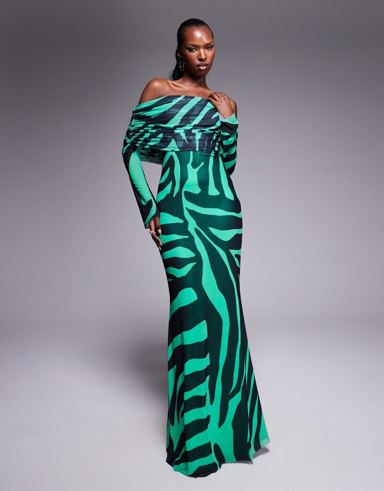 AFRM bardot power mesh maxi dress in green zebra - ASOS Sample Sale