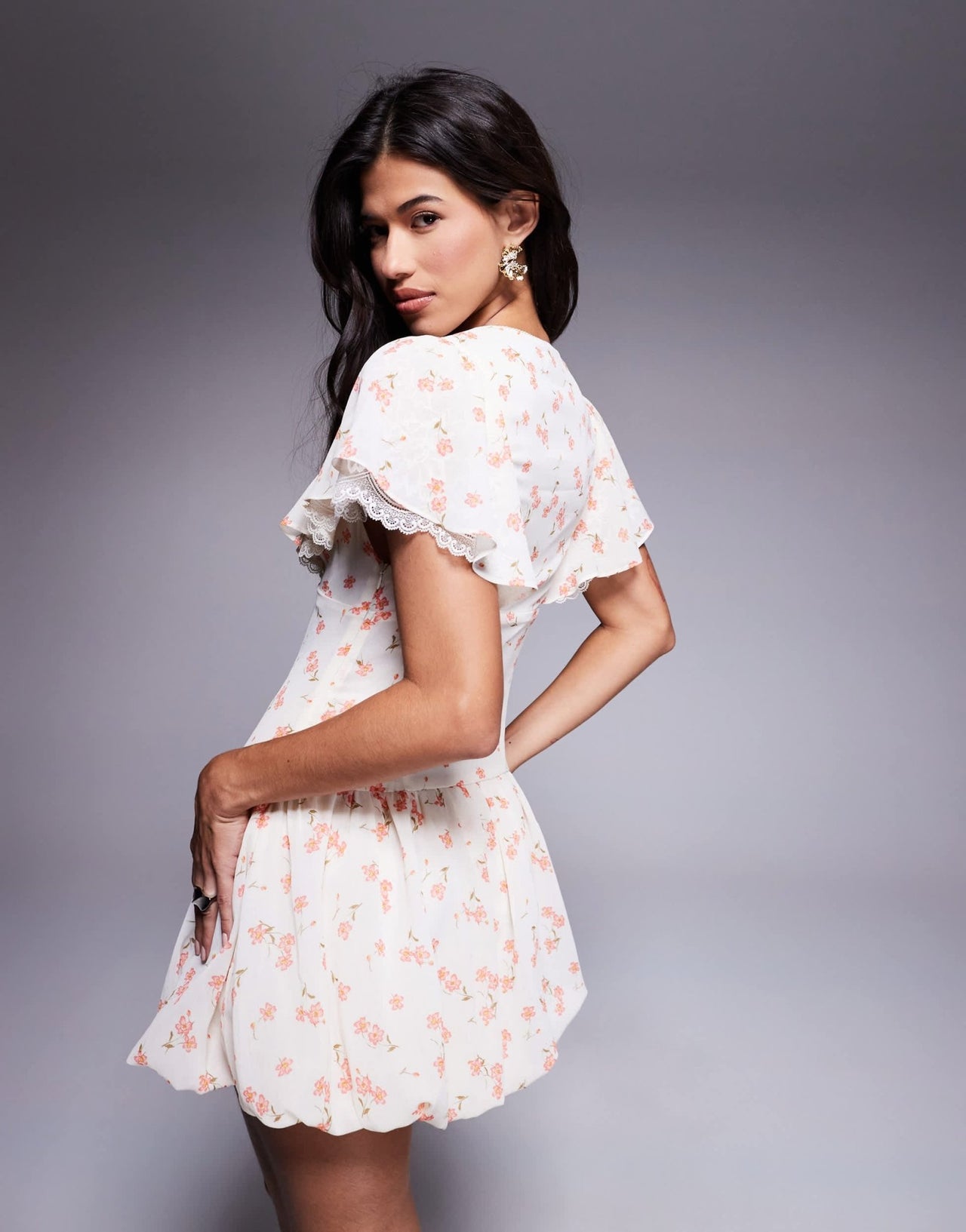 AFRM bubble skirt mini dress with ruffle sleeve in pink floral - ASOS Sample Sale