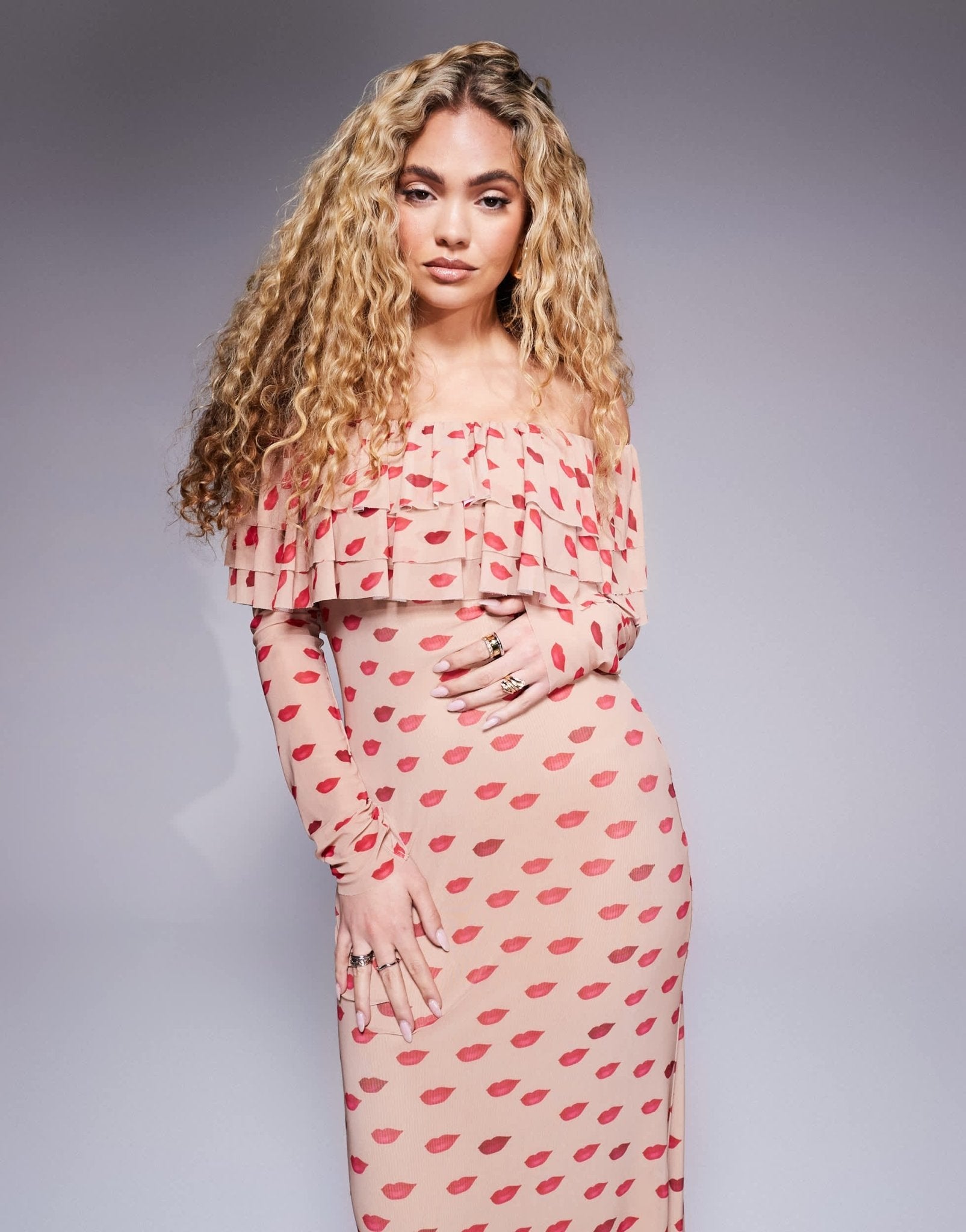AFRM Dahlia off the shoulder maxi dress with ruffle detail in almond kiss print - ASOS Sample Sale