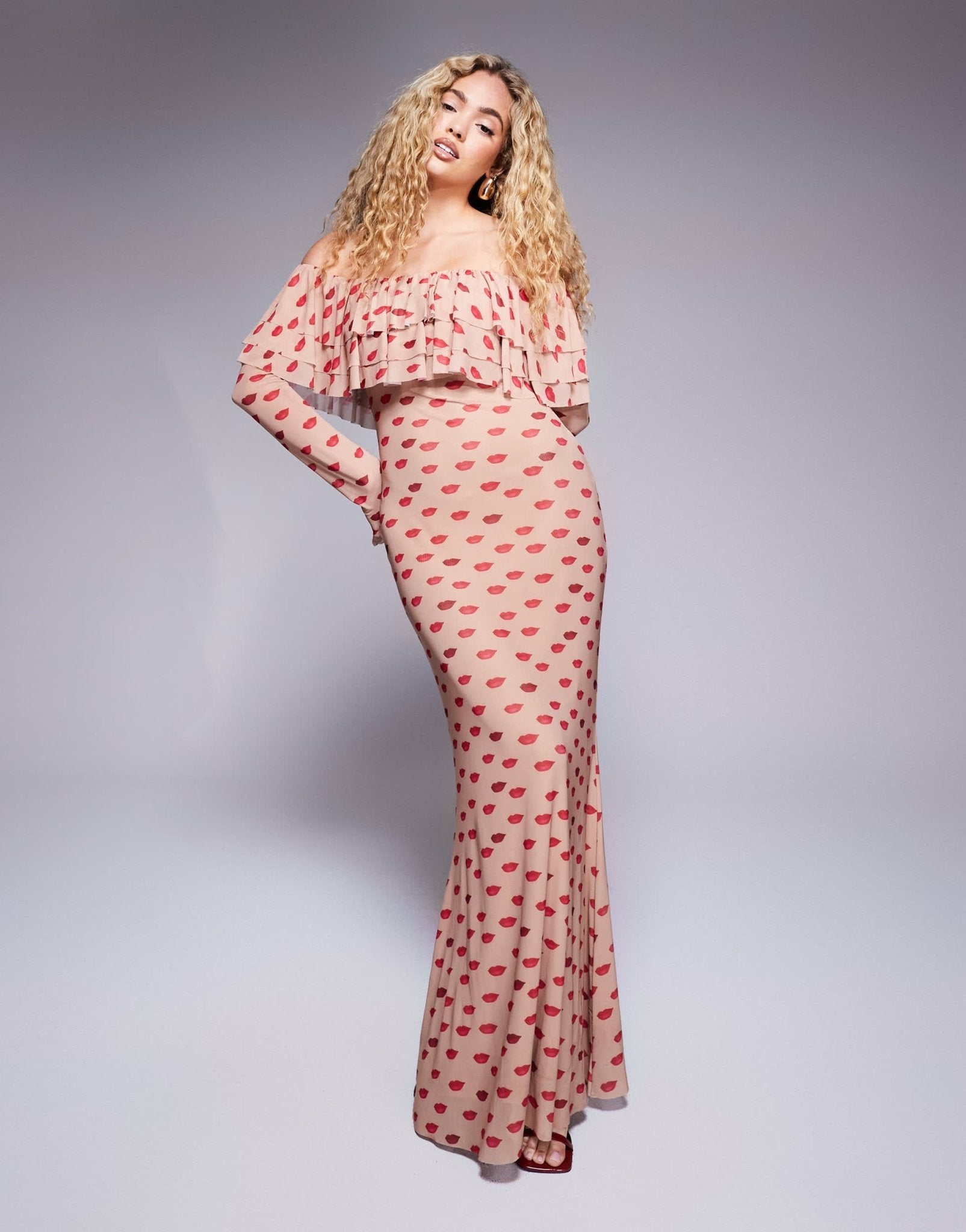 AFRM Dahlia off the shoulder maxi dress with ruffle detail in almond kiss print - ASOS Sample Sale