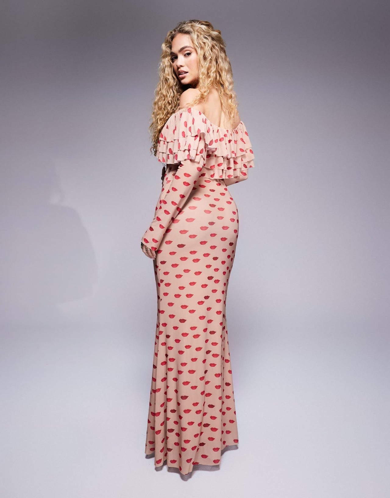 AFRM Dahlia off the shoulder maxi dress with ruffle detail in almond kiss print - ASOS Sample Sale