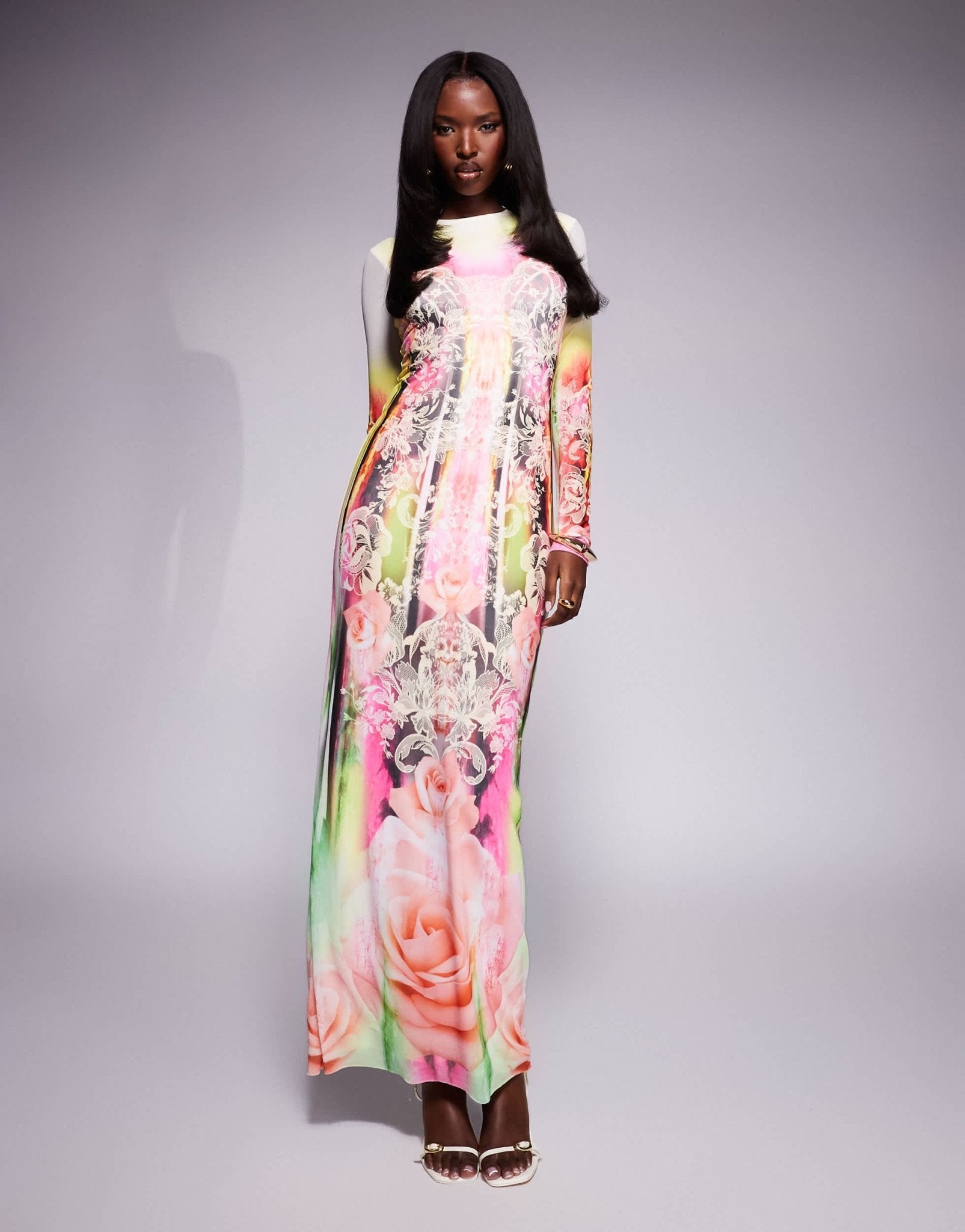 AFRM Didi long sleeve mesh midi dress in grunge lace print - ASOS Sample Sale