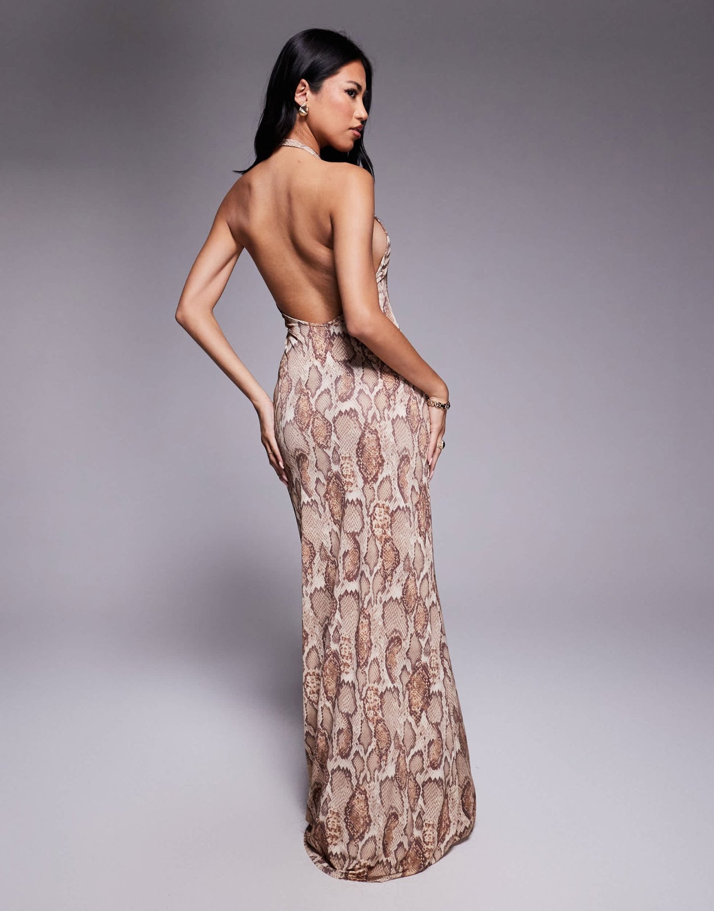 AFRM drape back mesh maxi dress in brown snake print - ASOS Sample Sale