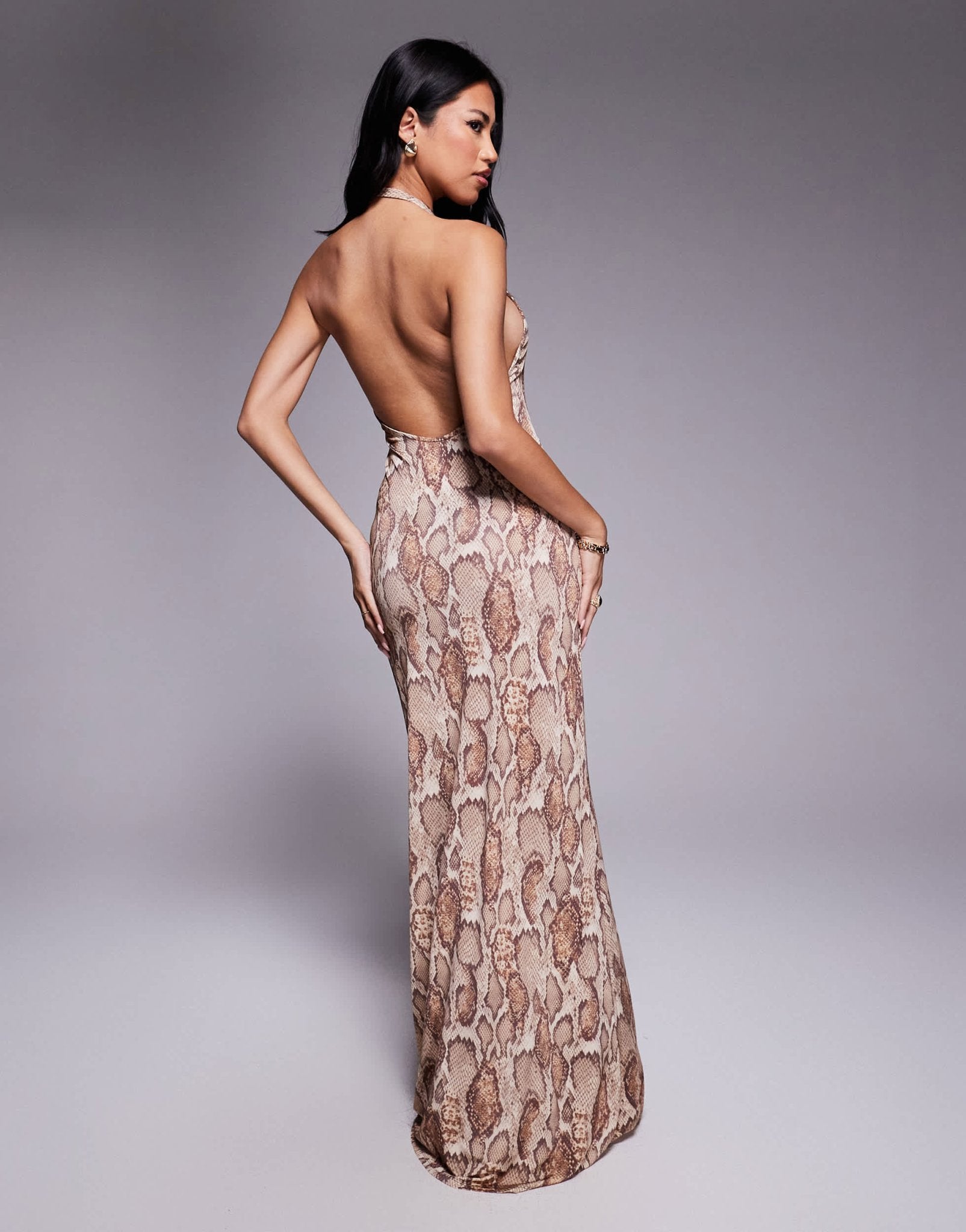 AFRM drape back mesh maxi dress in brown snake print - ASOS Sample Sale