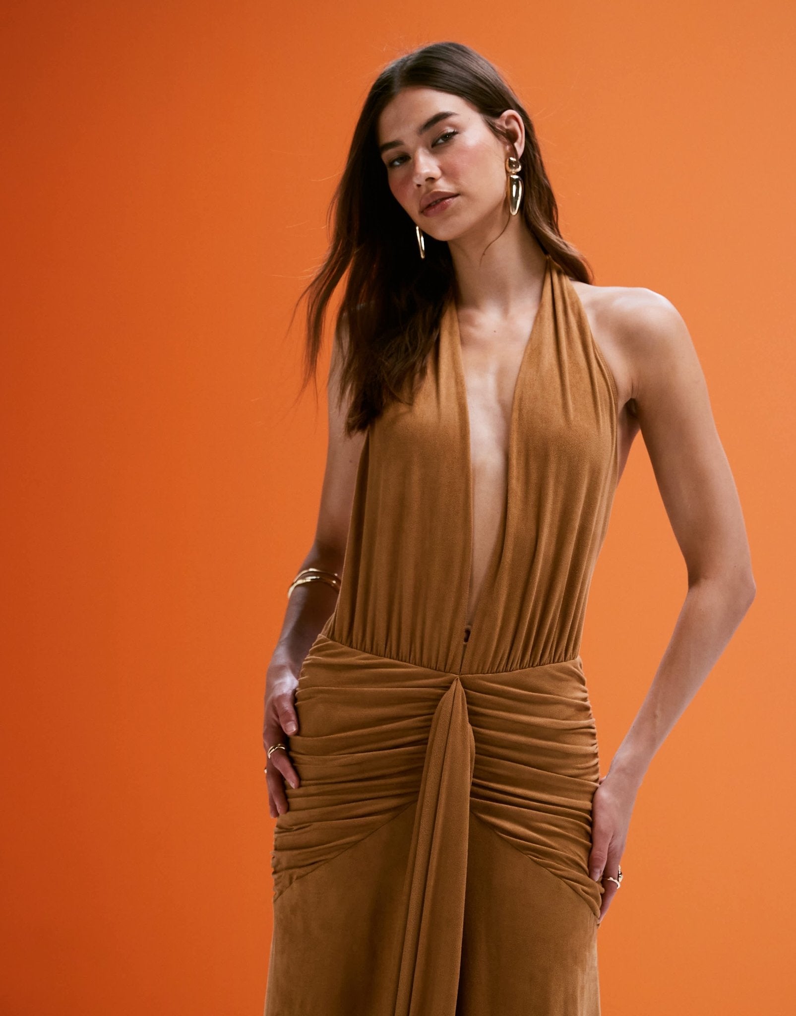 AFRM faux suede halter neck maxi dress with tie front in caramel - ASOS Sample Sale