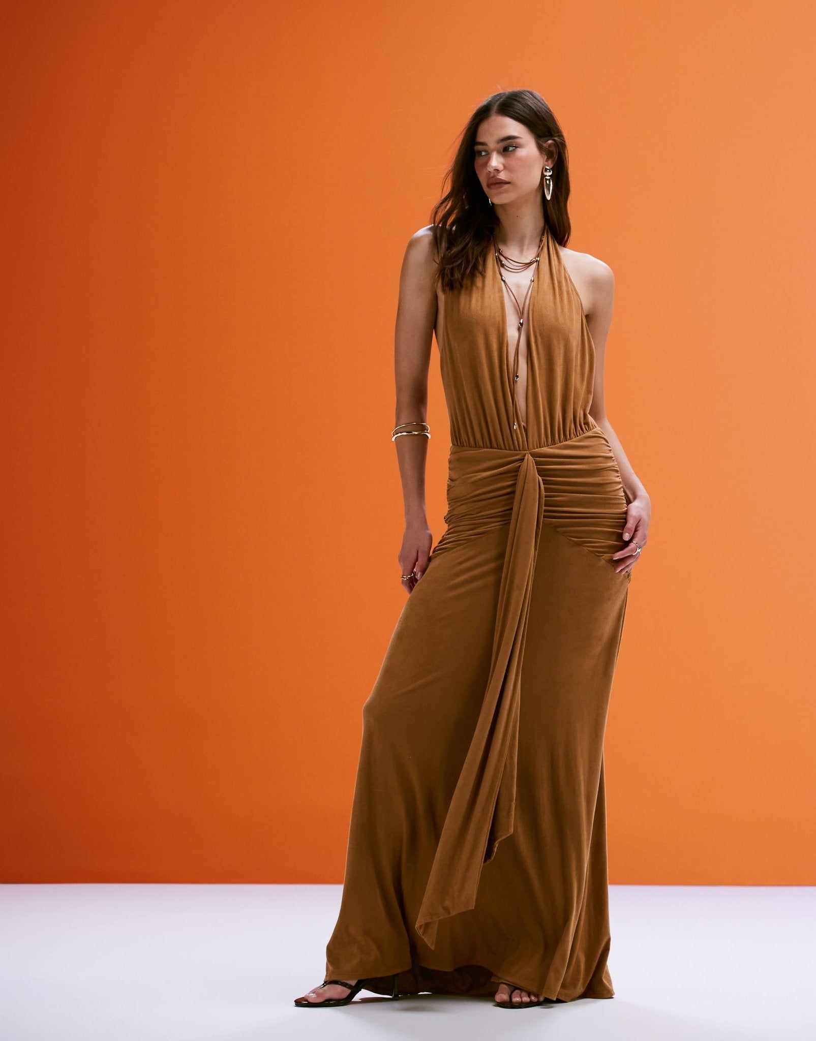 AFRM faux suede halter neck maxi dress with tie front in caramel - ASOS Sample Sale